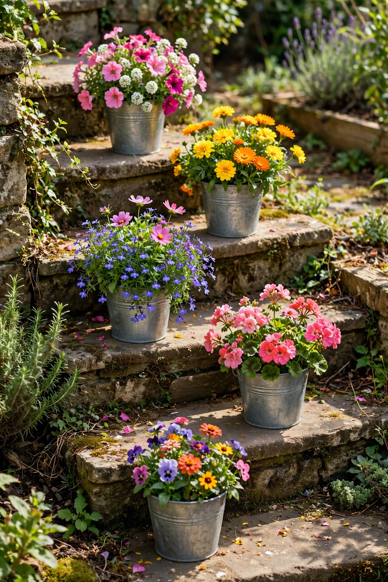 Galvanised buckets as rustic planters with flowers on steps
