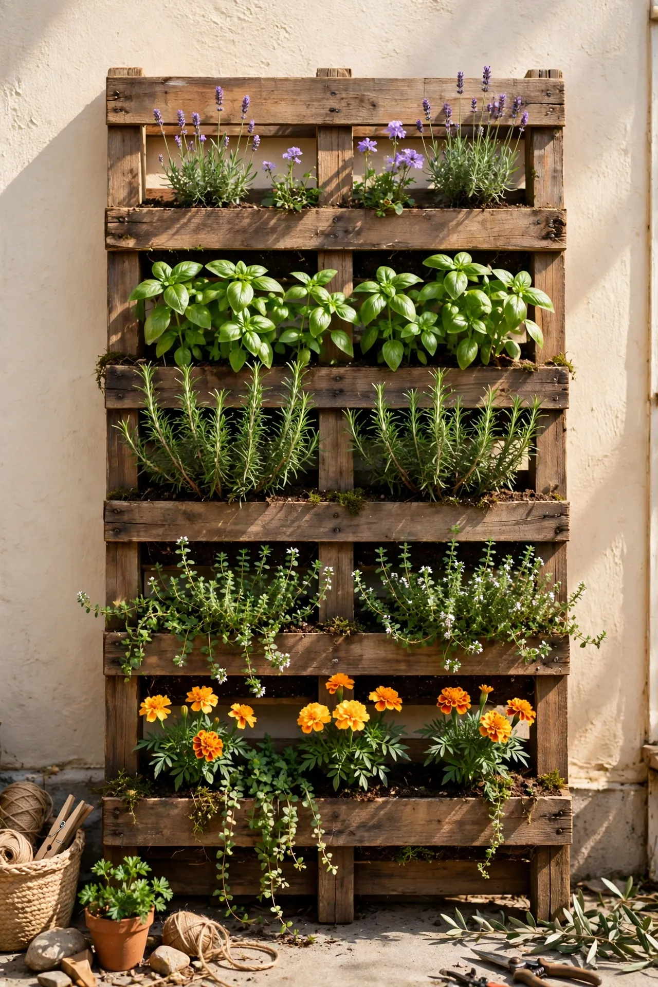 Wooden pallet stood upright as a vertical planter with herbs