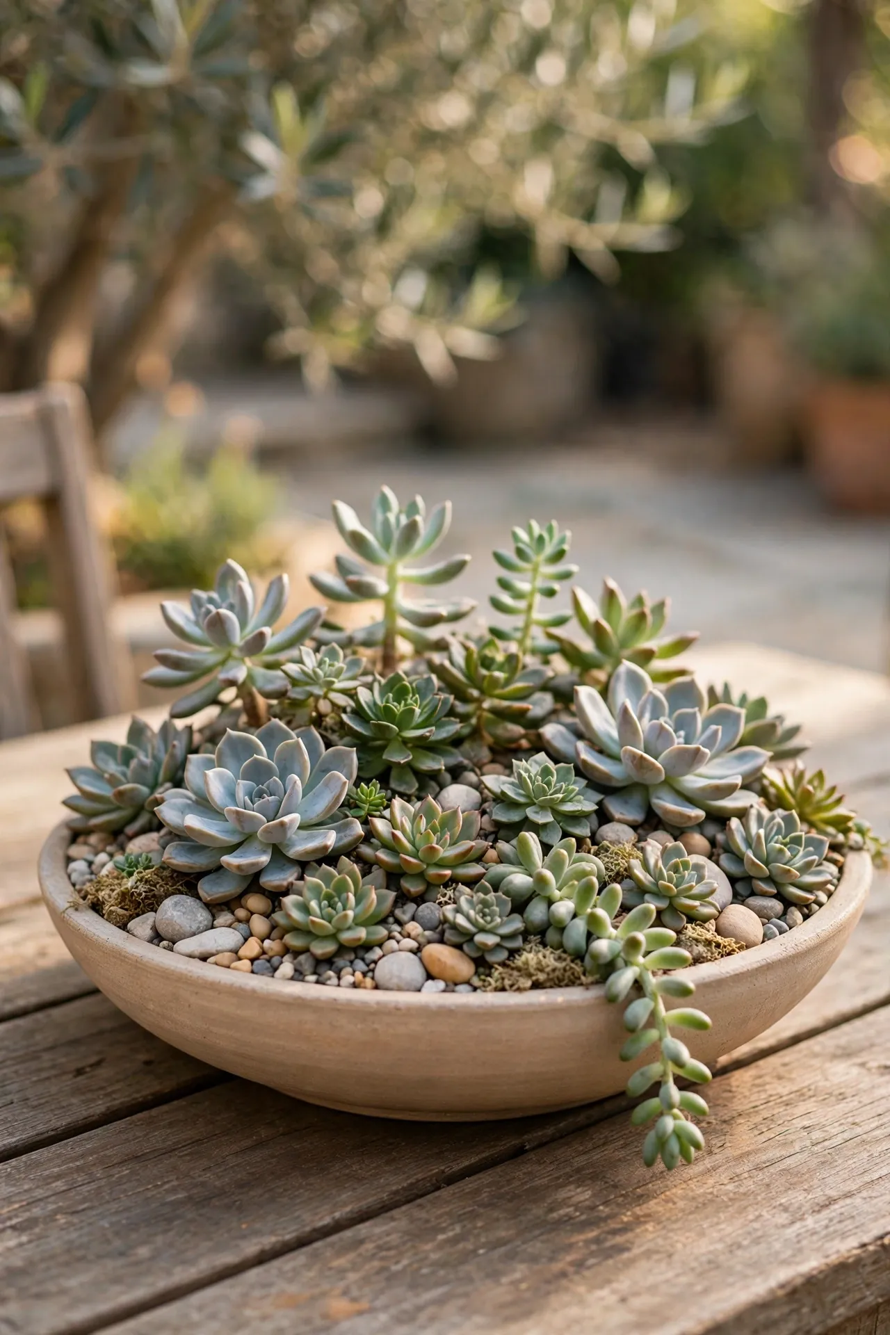 Wide shallow bowl with arranged succulents and pebbles