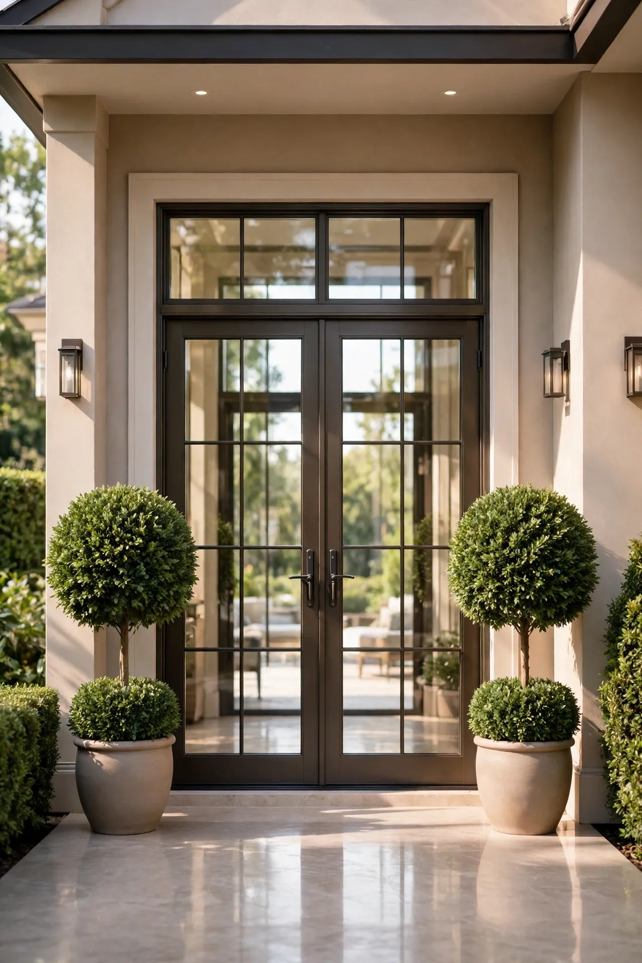 Pair of faux topiaries in matching pots flanking patio doors