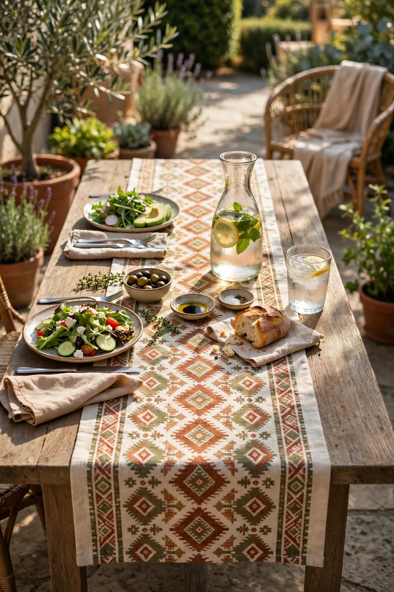 Washable patterned runner down an outdoor dining table