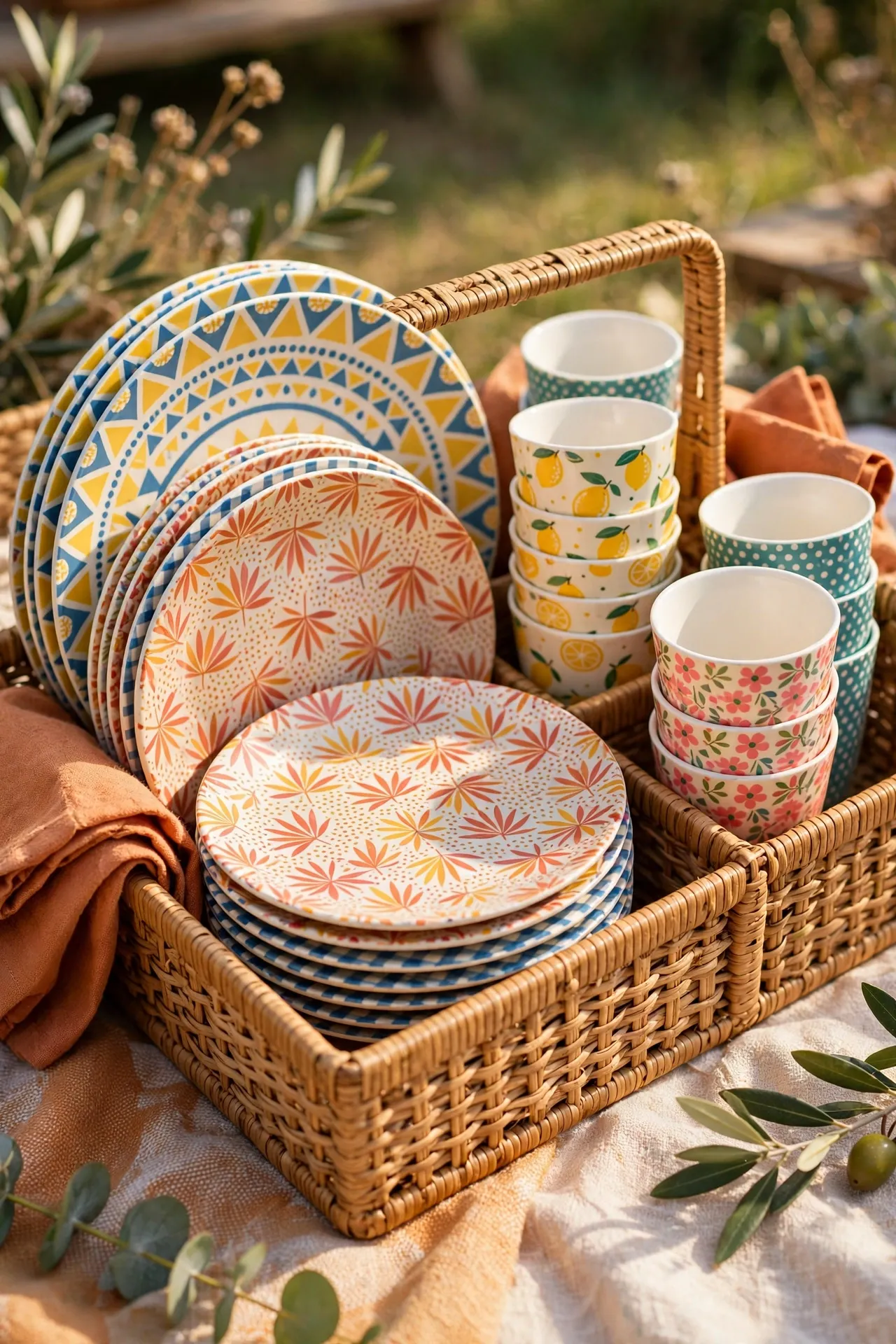 Melamine plates and cups in a fun pattern for outdoor dining