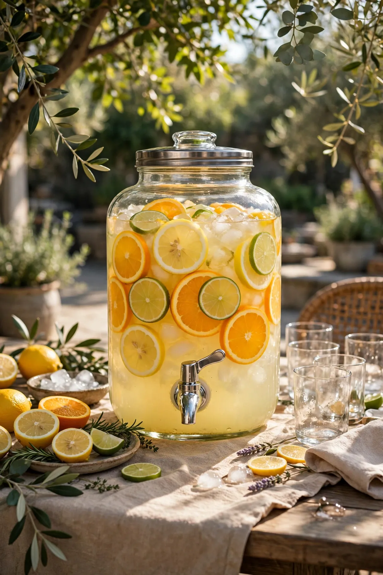 Glass drink dispenser with lemonade and citrus slices on a patio table