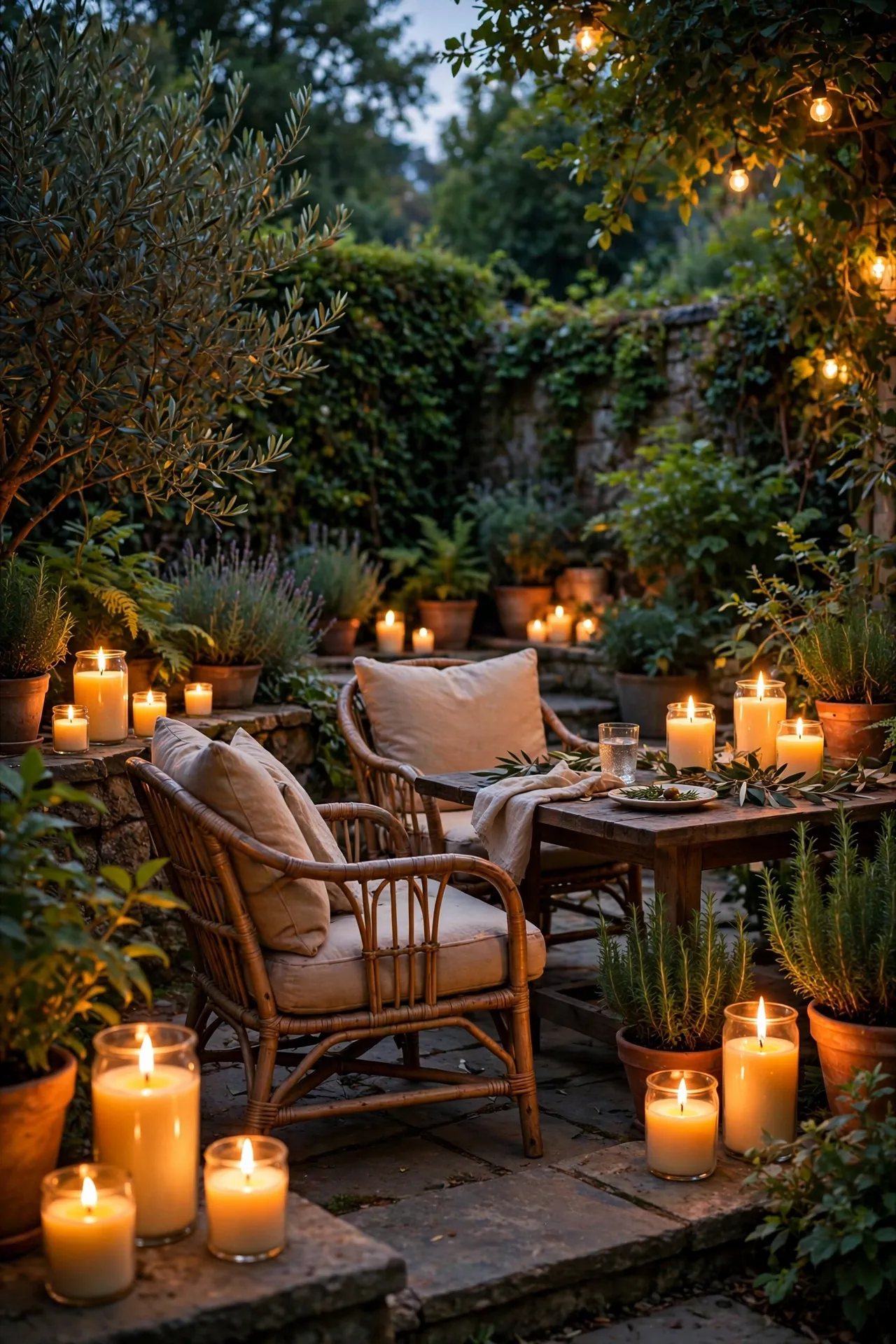 Citronella candles placed around patio seating at dusk