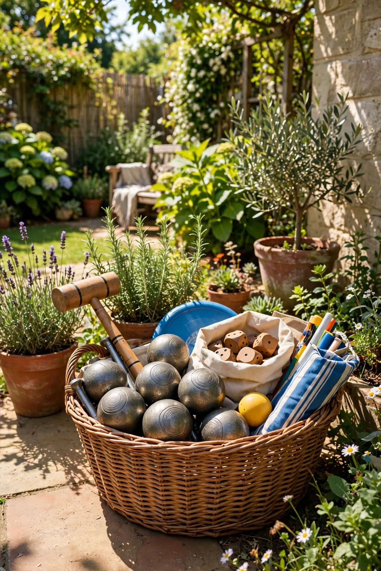 Basket of outdoor games in a patio corner