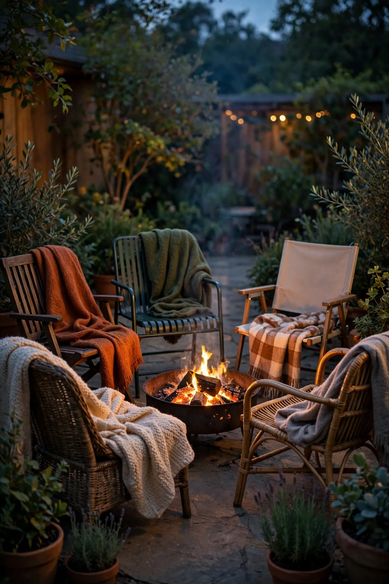 Seating ring around a small fire pit with blankets at dusk