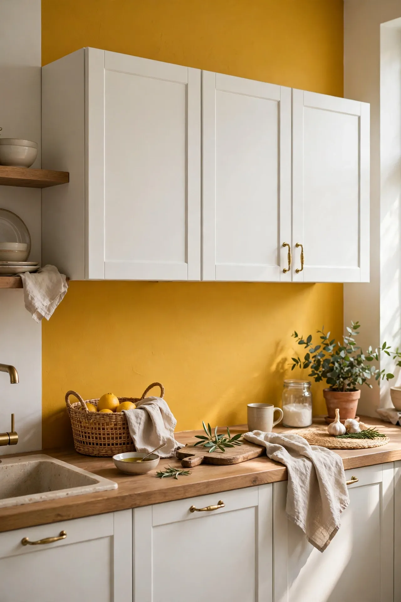 Kitchen with one warm mustard yellow accent wall and white cabinets