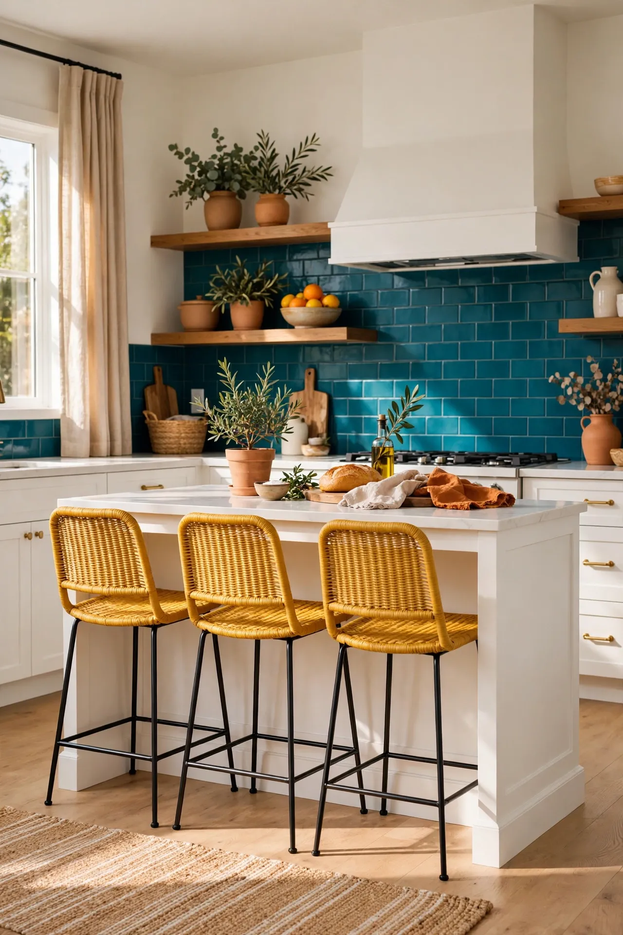Mustard yellow bar stools at a white kitchen island