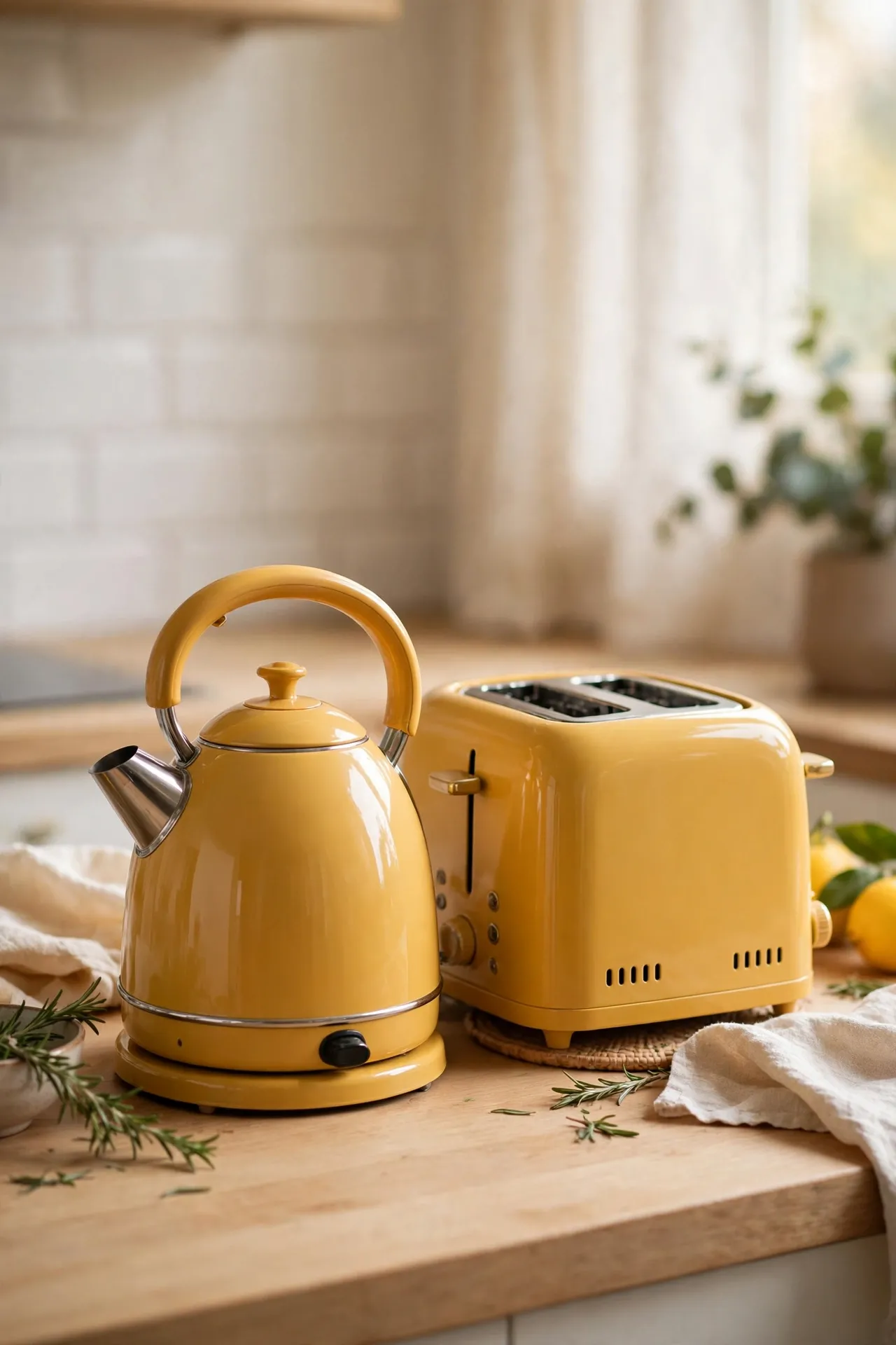 Mustard yellow kettle and toaster set on a kitchen counter