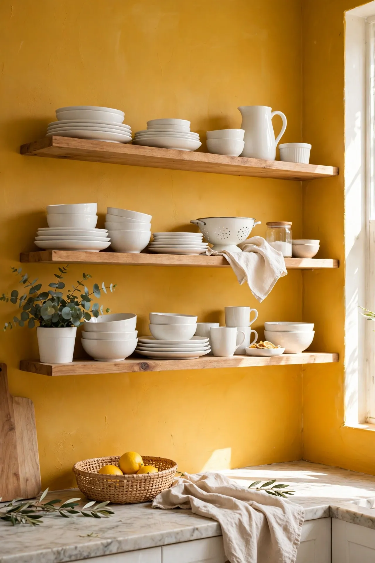 Open kitchen shelves with mustard painted wall behind white dishes