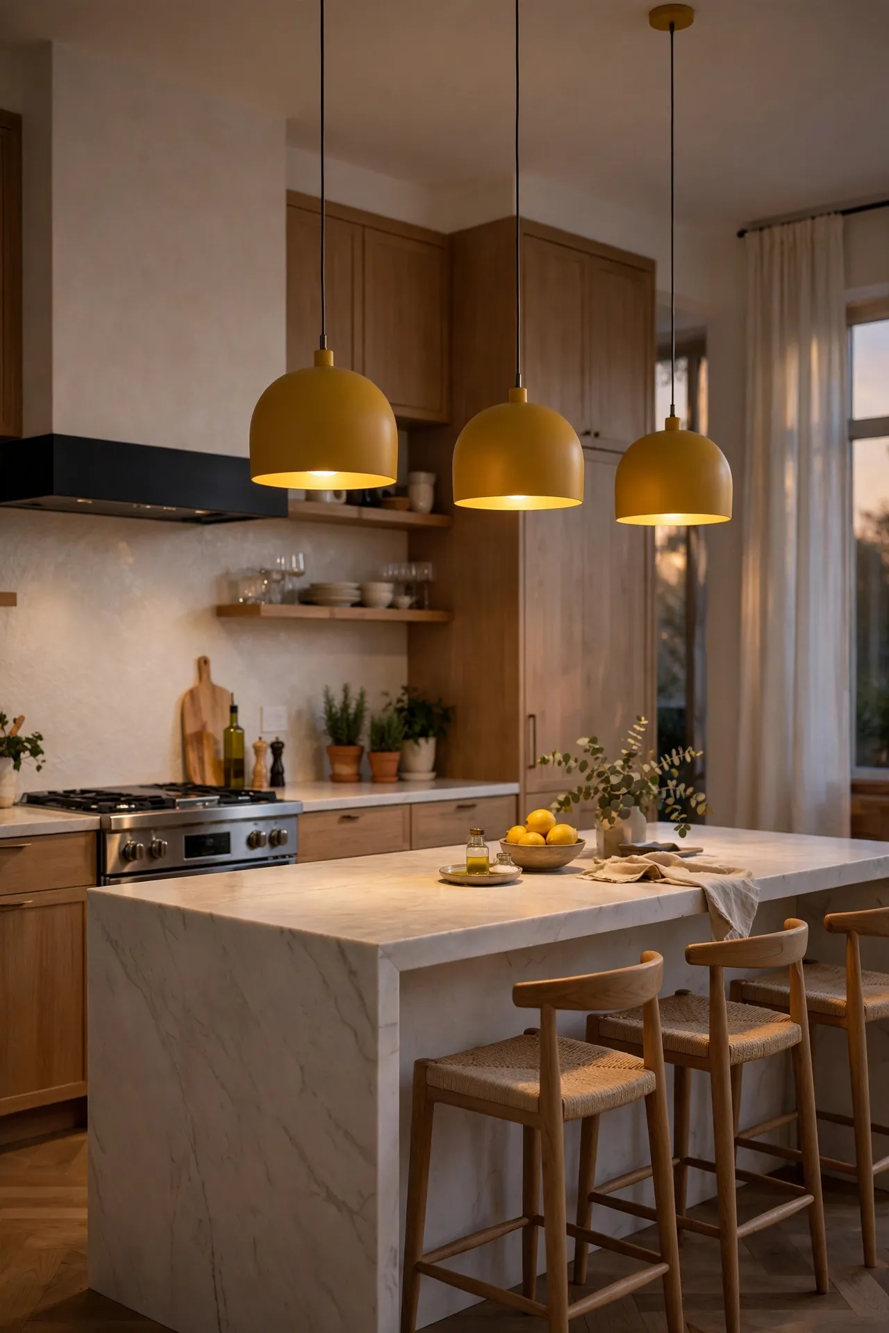 Mustard pendant lights hanging over a kitchen island