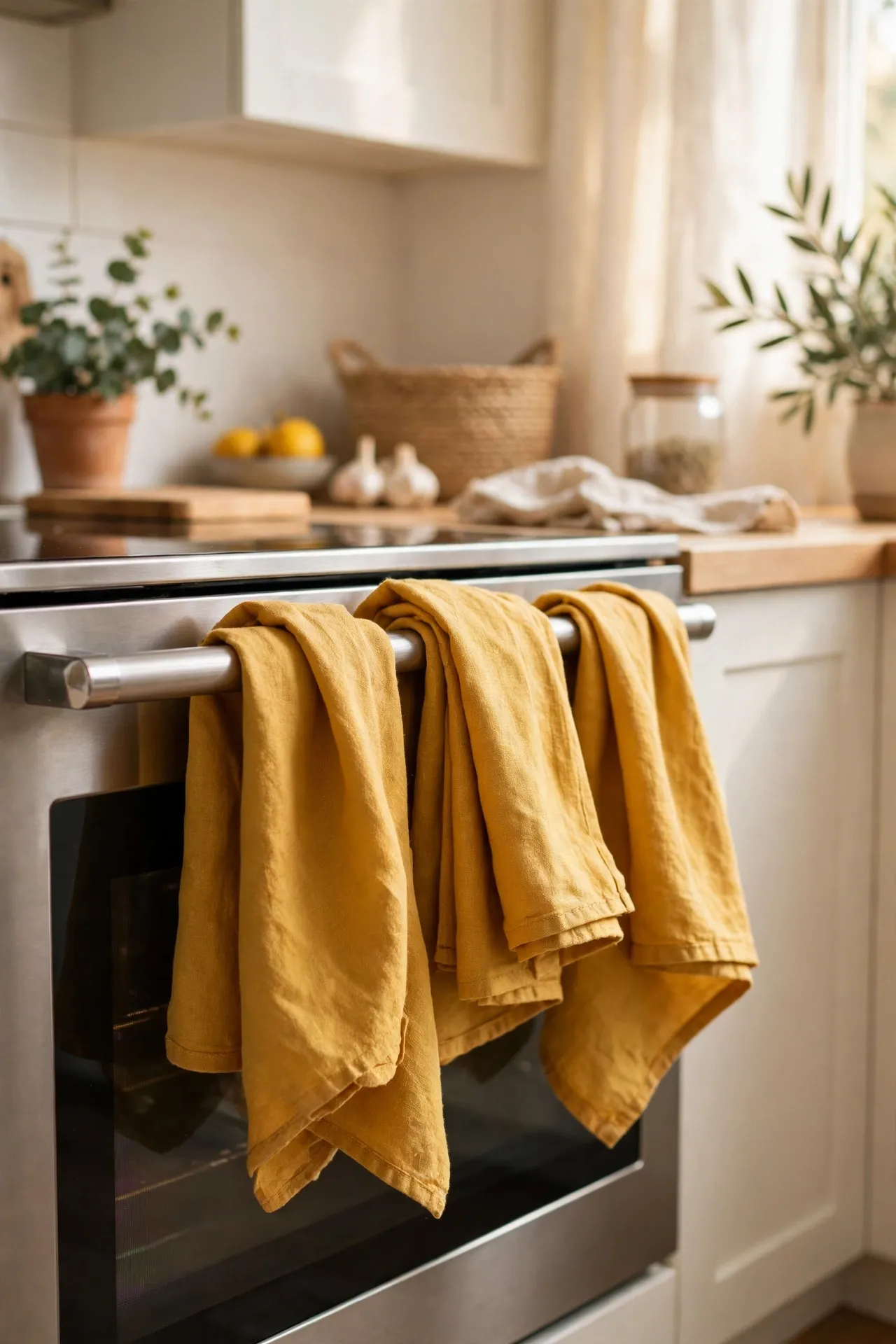 Set of mustard yellow tea towels folded over an oven handle