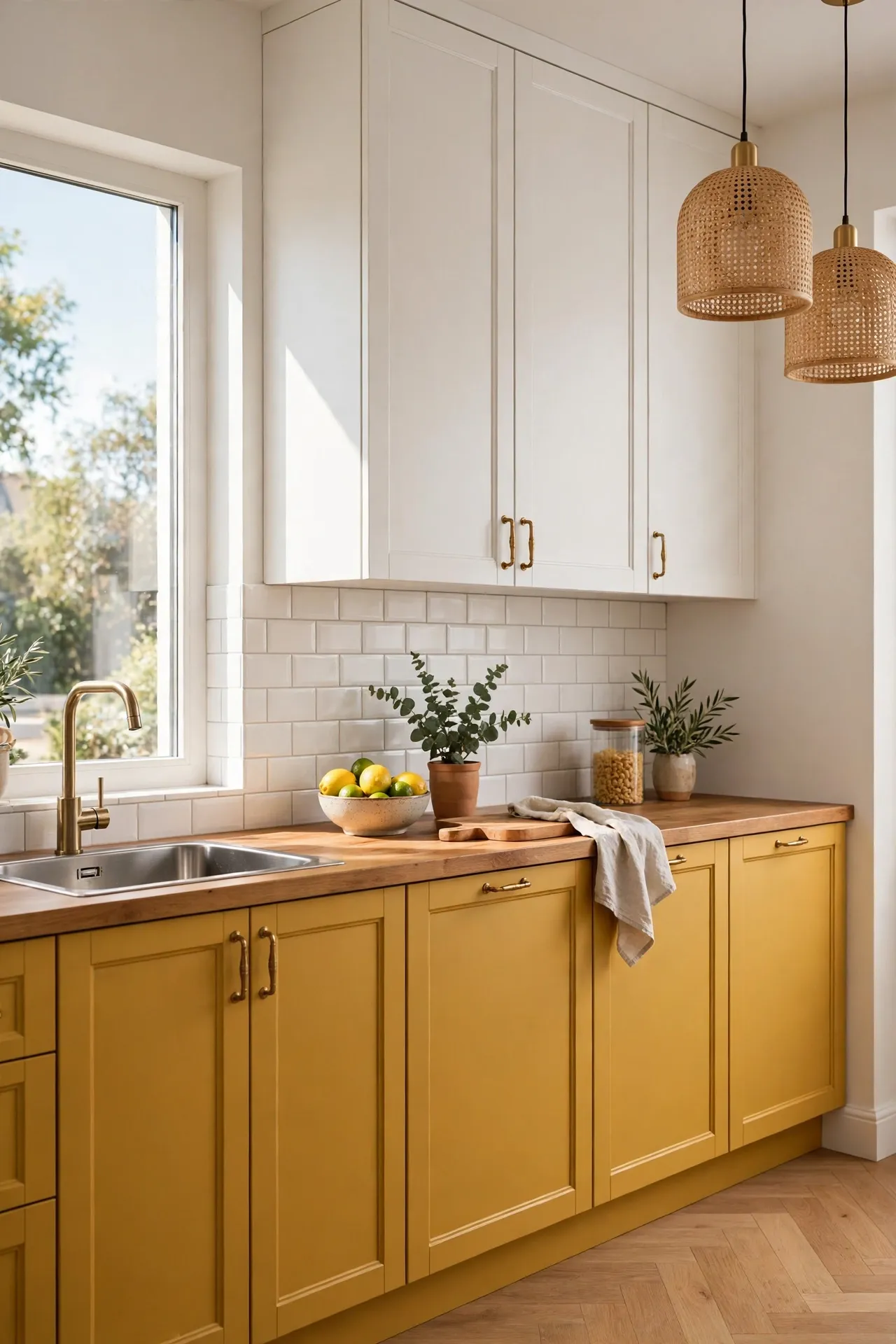 Kitchen with mustard yellow lower cabinets and white upper cabinets