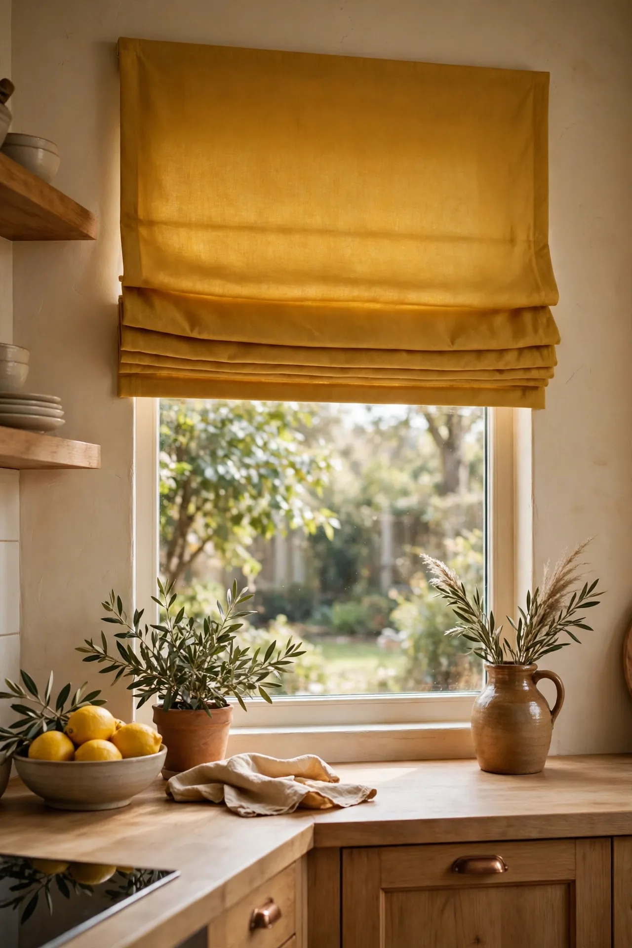 Mustard roman blind at a kitchen window