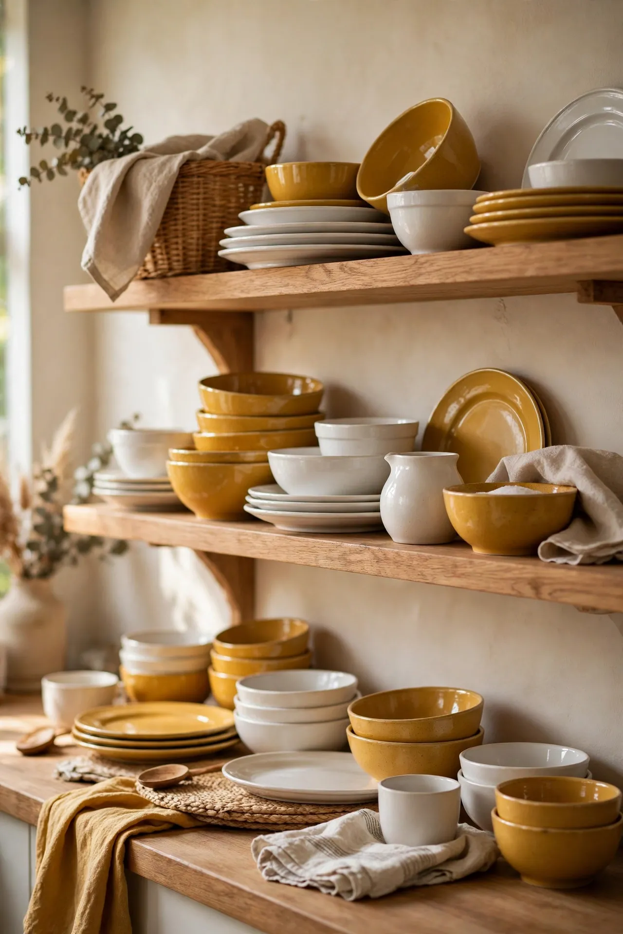 Mustard dinnerware plates and bowls mixed with white pieces