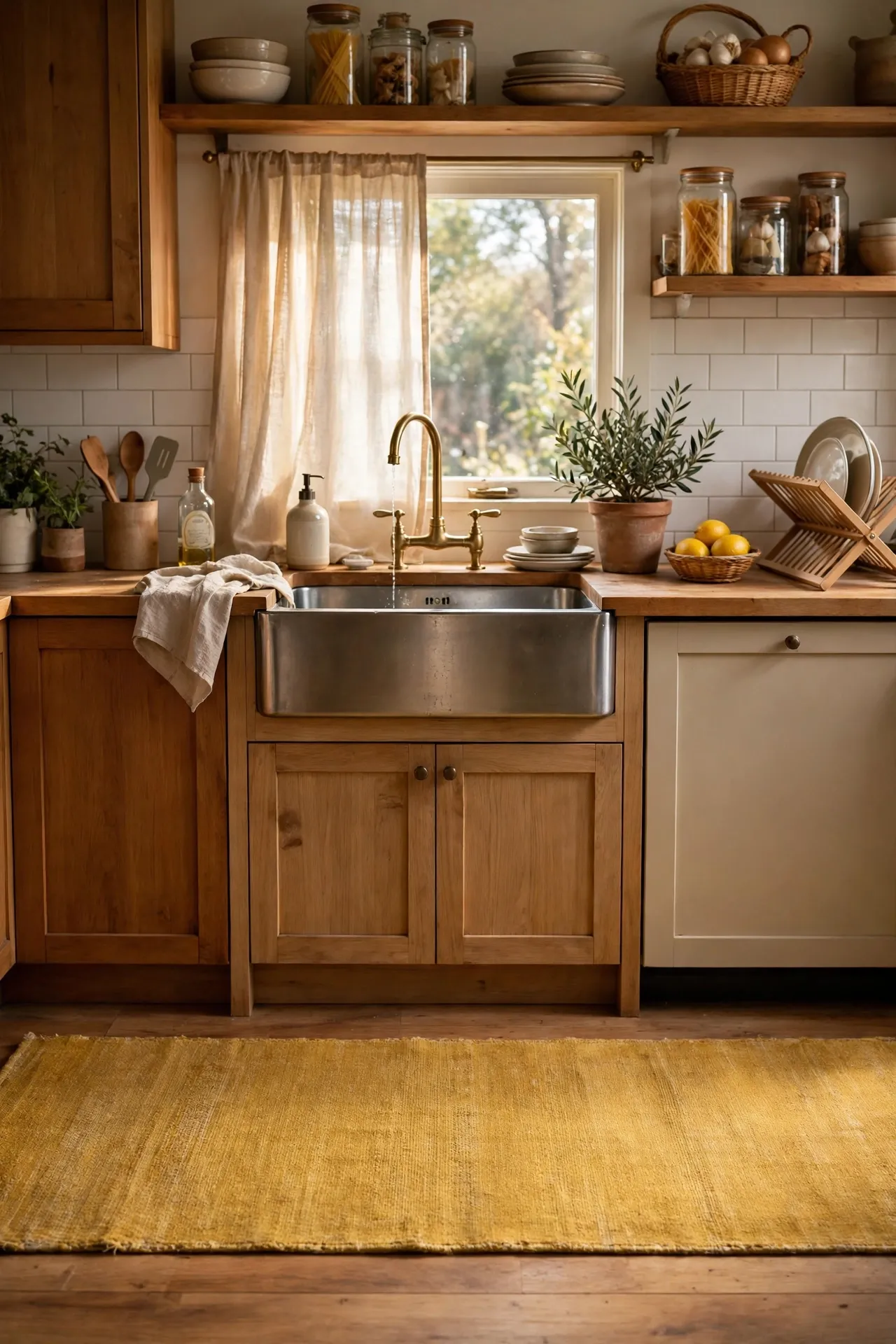 Washable mustard runner rug in front of a kitchen sink