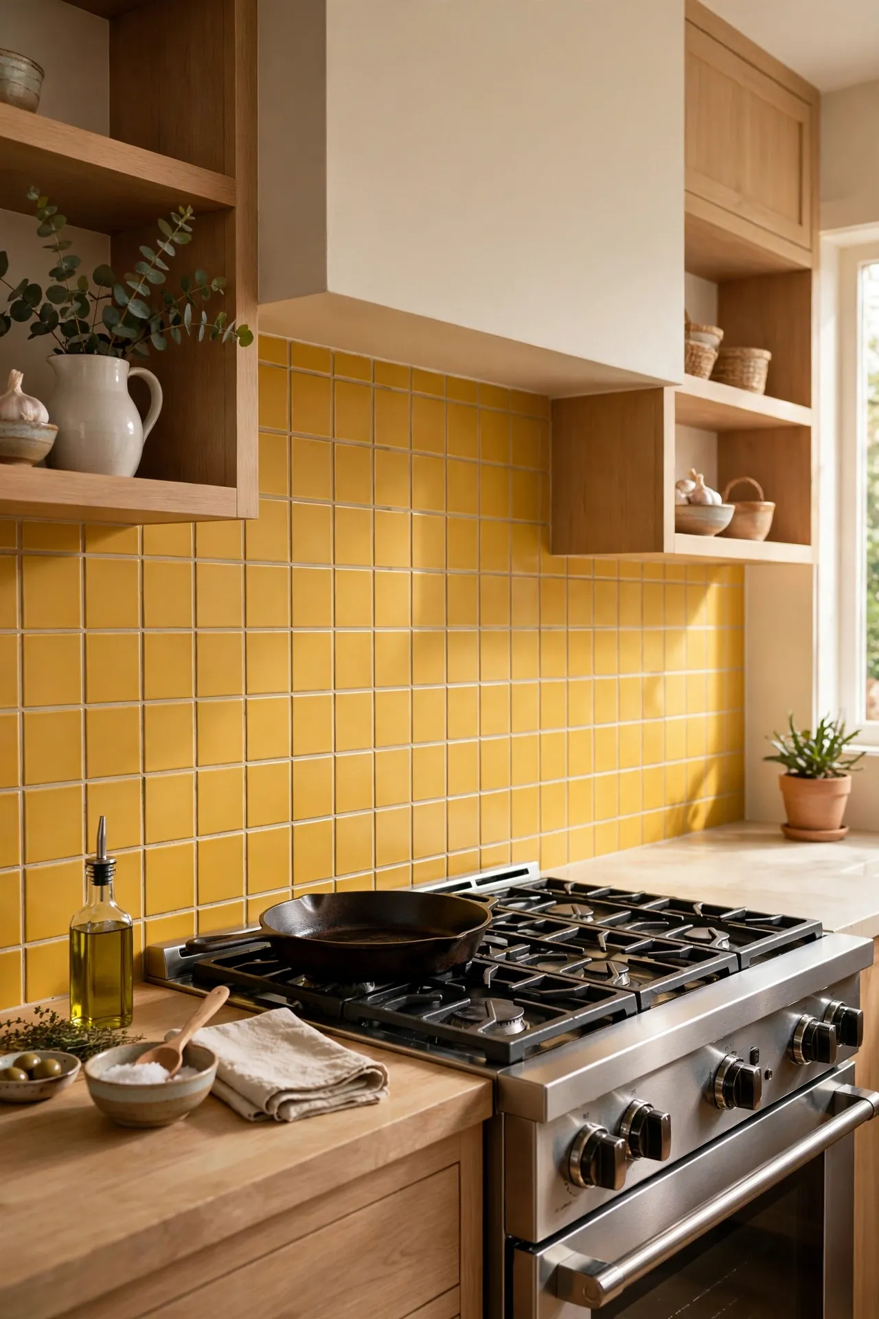 Mustard yellow tile backsplash behind a kitchen cooker