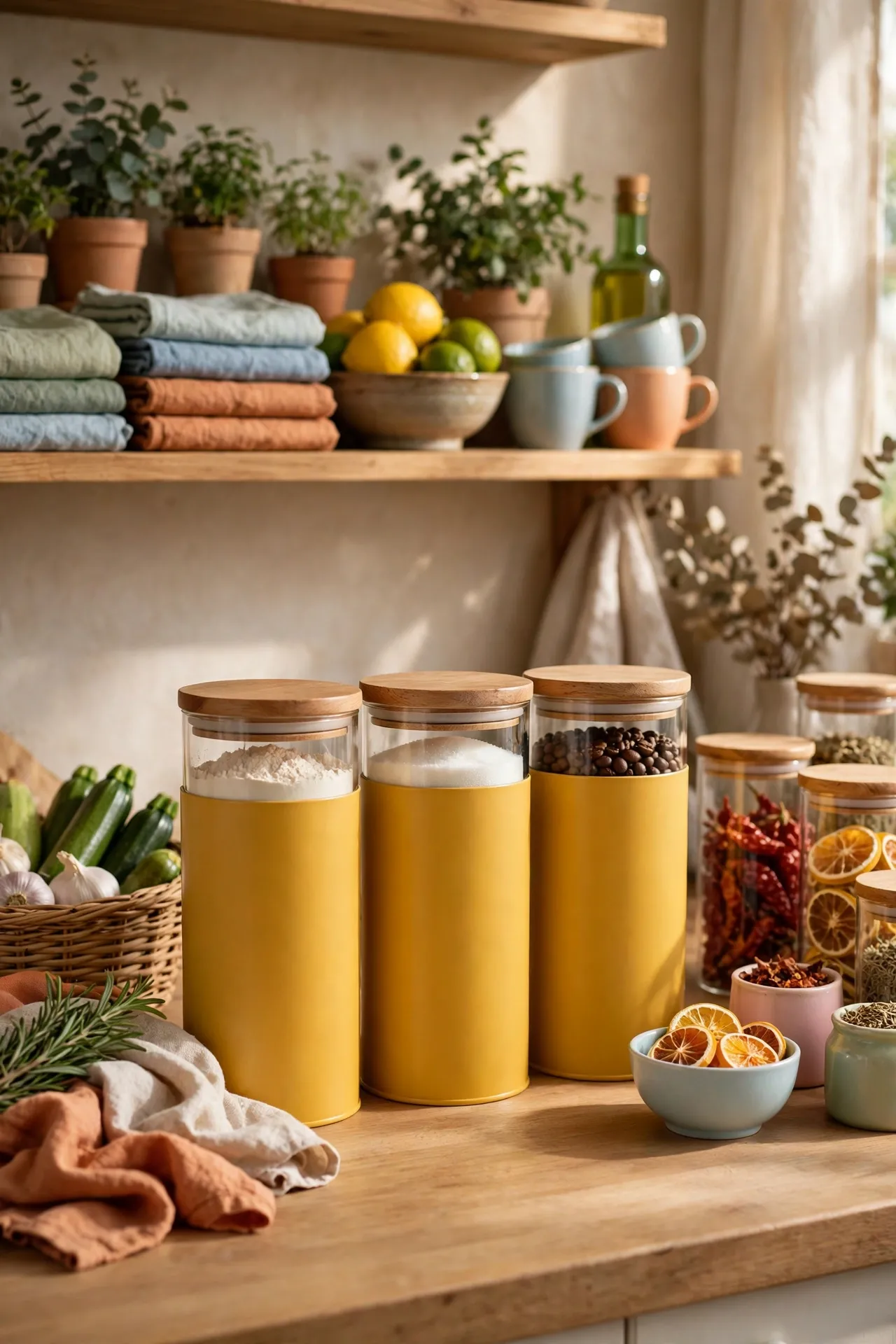 Mustard canisters for flour sugar and coffee on a counter