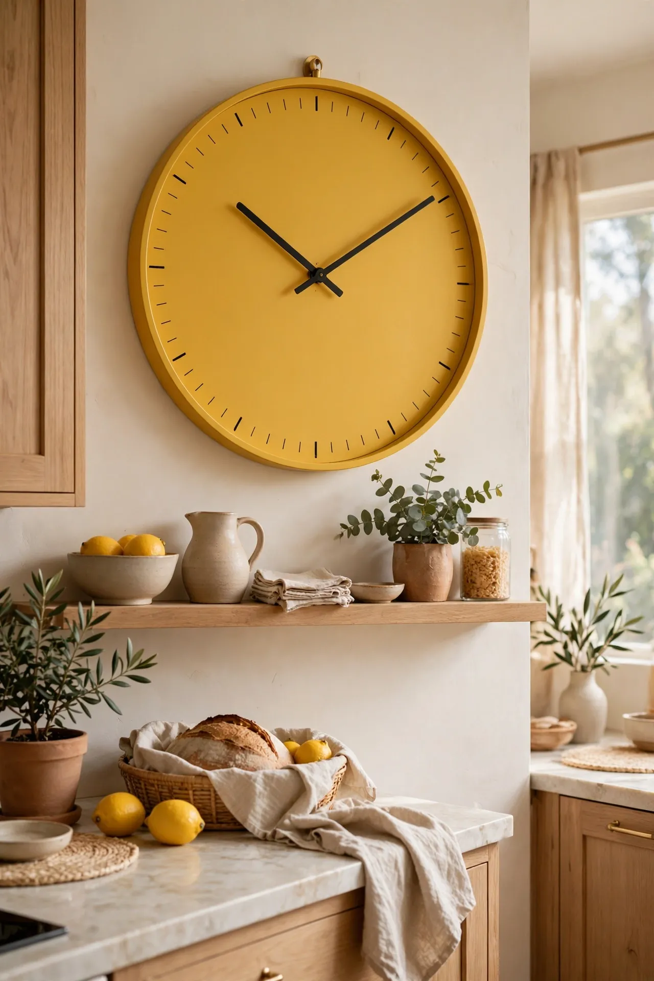 Large mustard wall clock in a kitchen