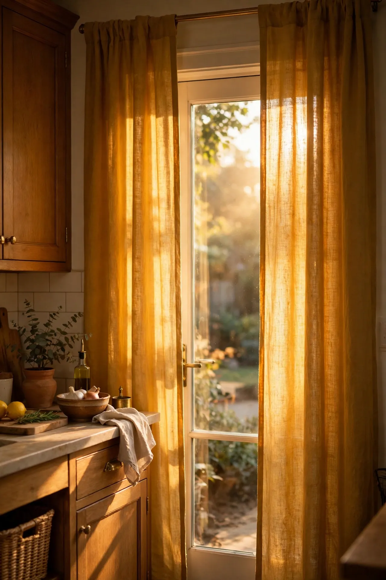 Mustard curtain panels at a kitchen glass door