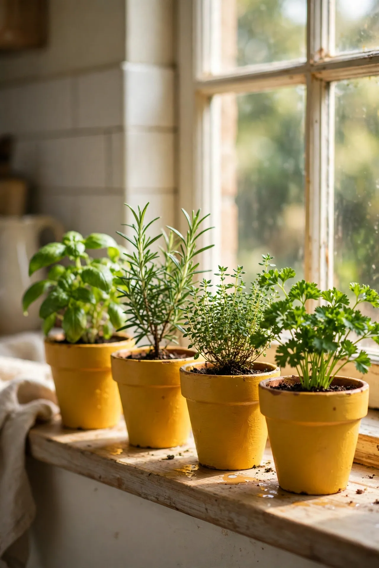Small pots painted mustard with fresh herbs on a windowsill