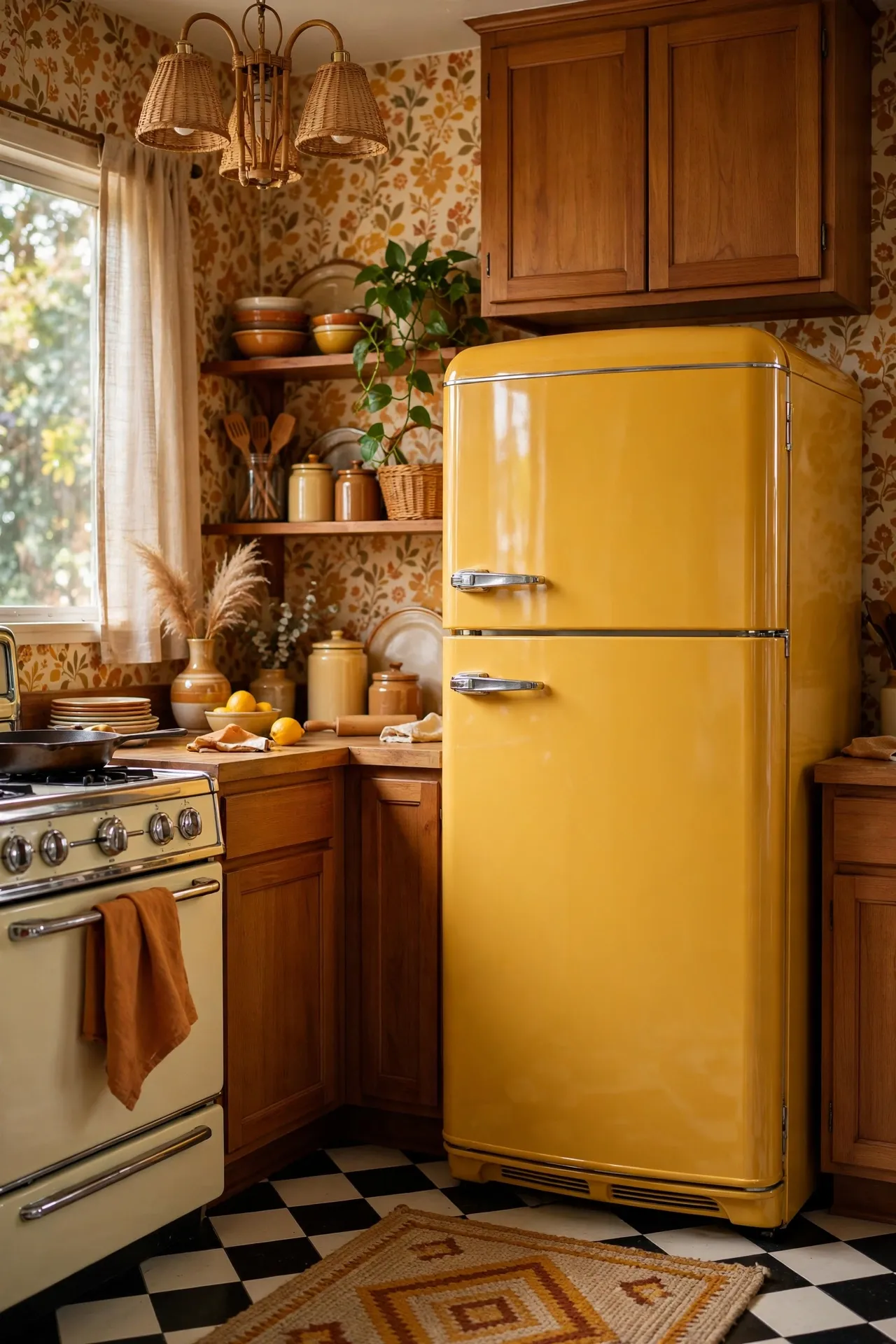 Fridge painted mustard yellow in a retro kitchen
