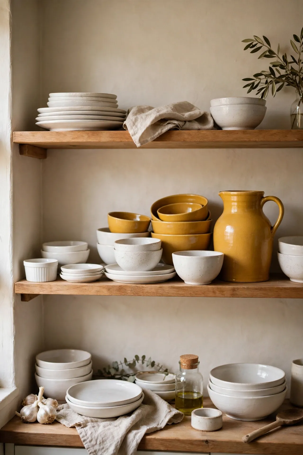 Open shelves styled with mustard jug and bowls among white dishes