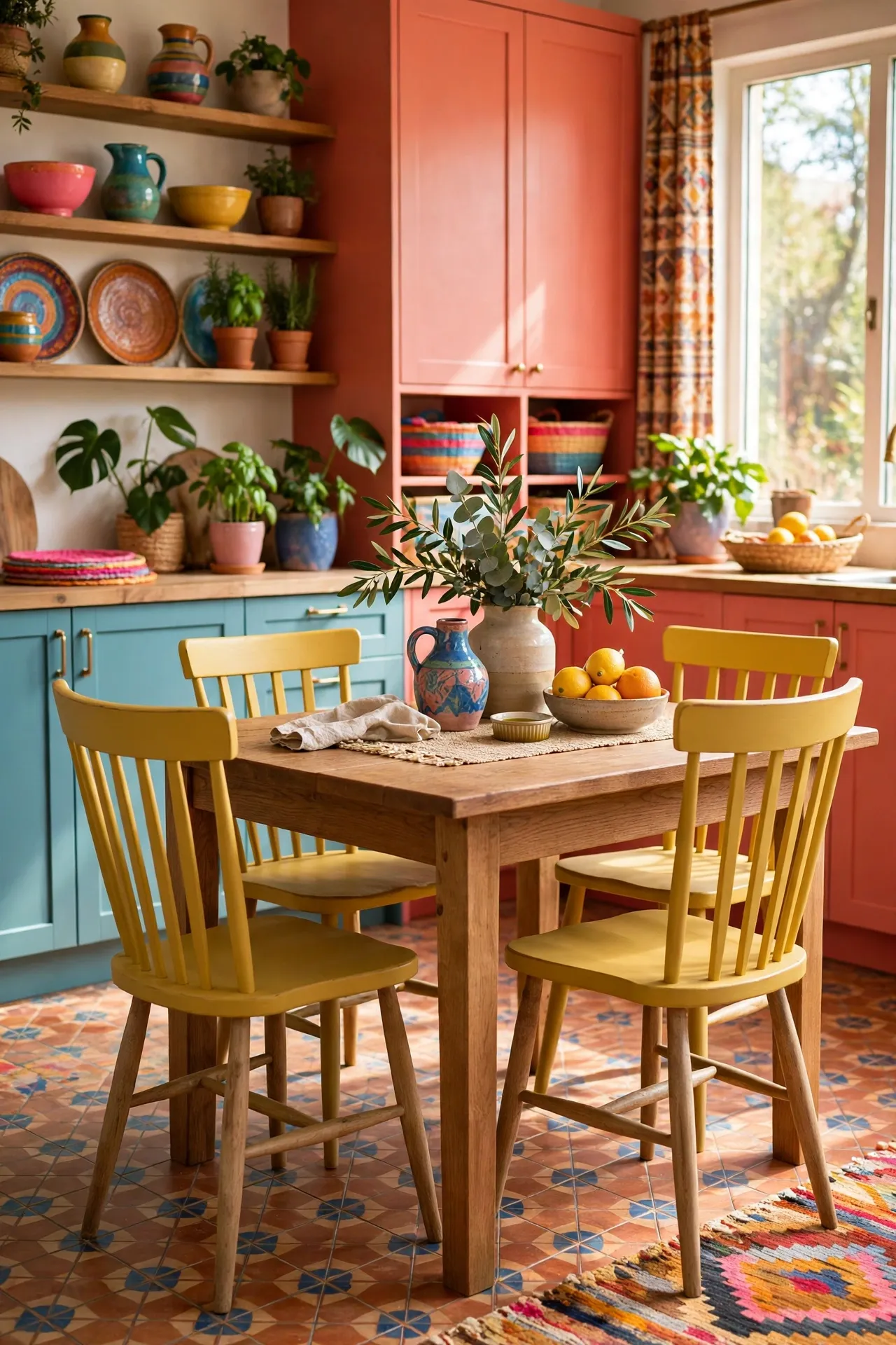 Wooden dining chairs painted mustard yellow around a table