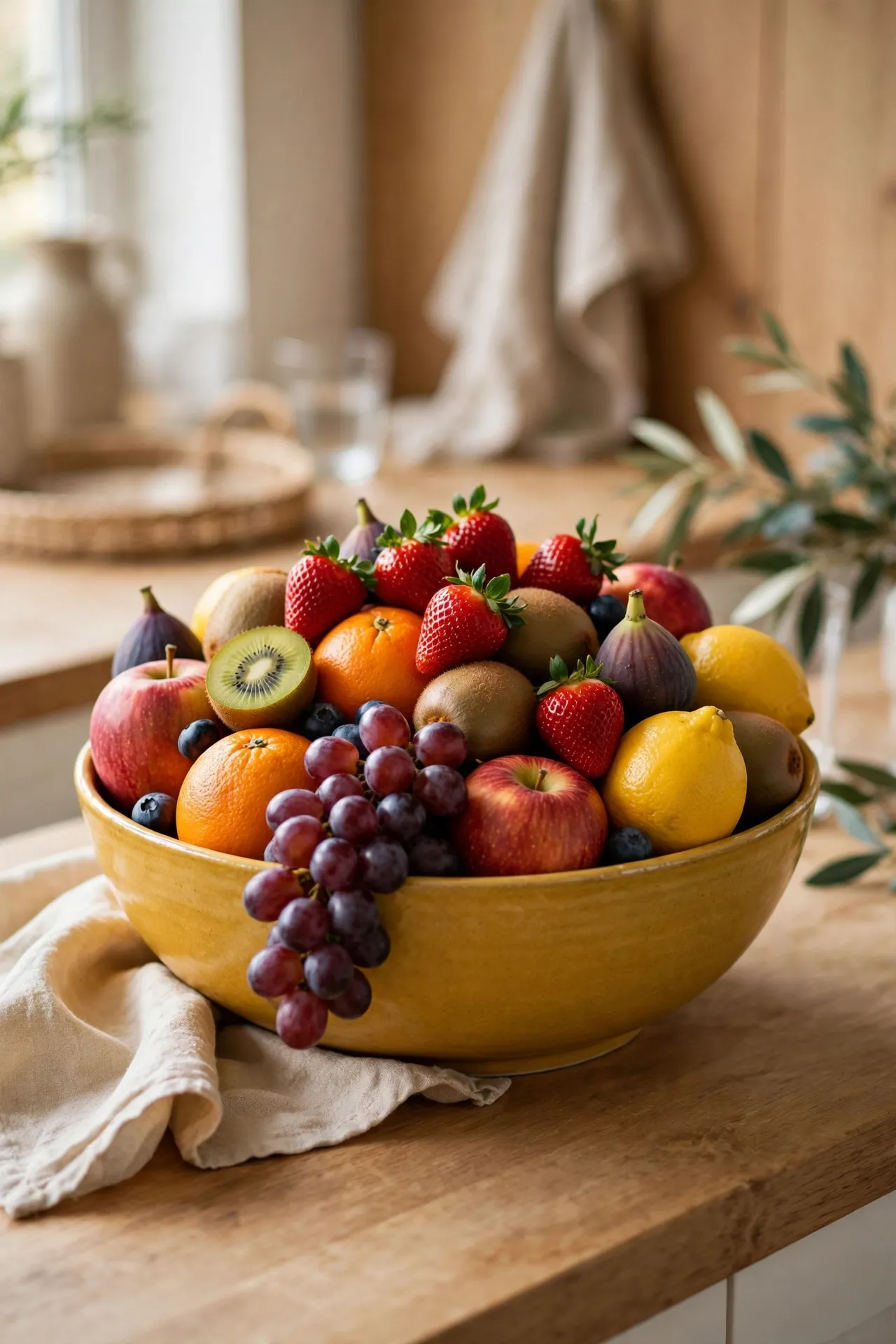 Big mustard bowl piled with fresh fruit on a kitchen counter