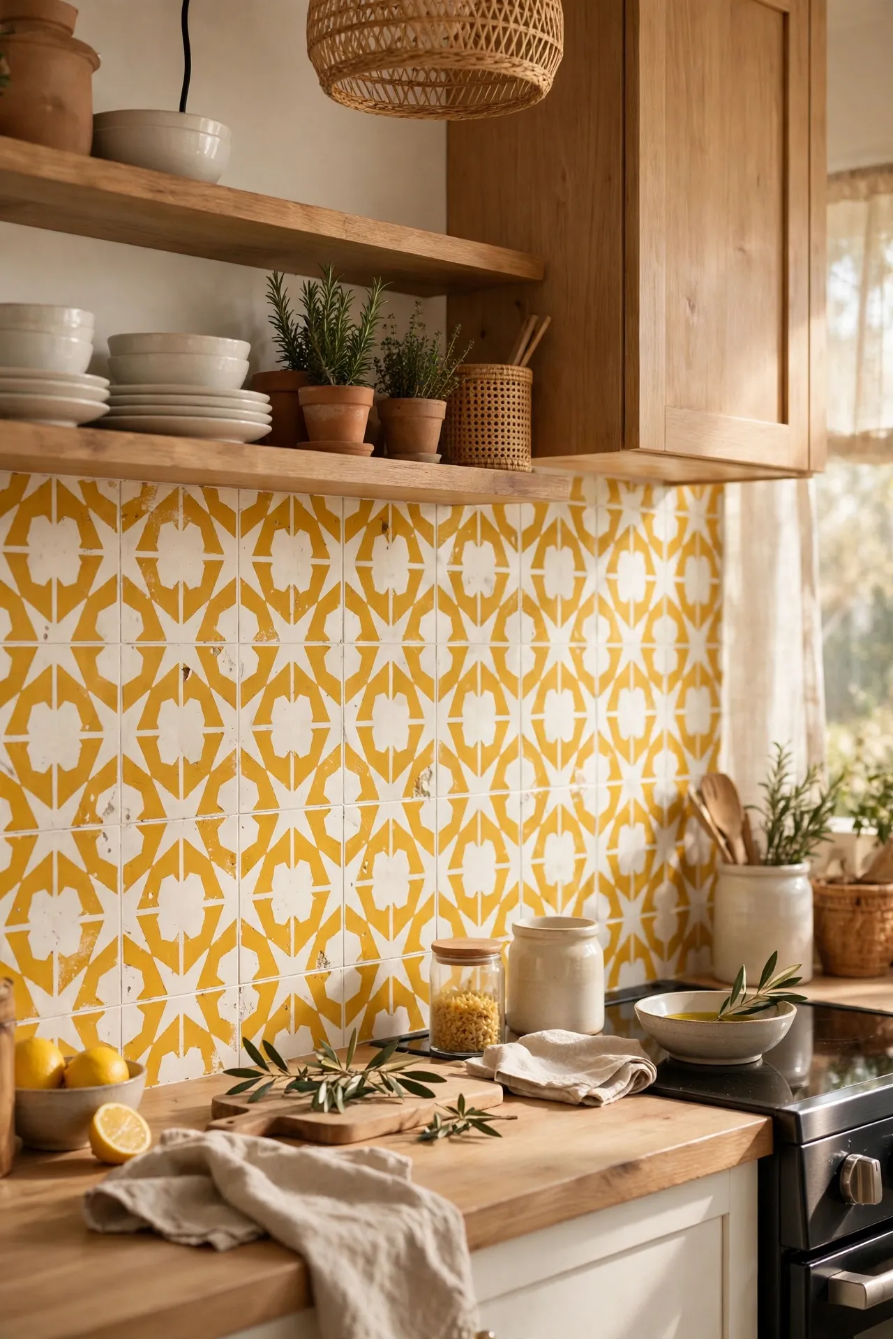 Stencilled mustard geometric pattern on a kitchen backsplash