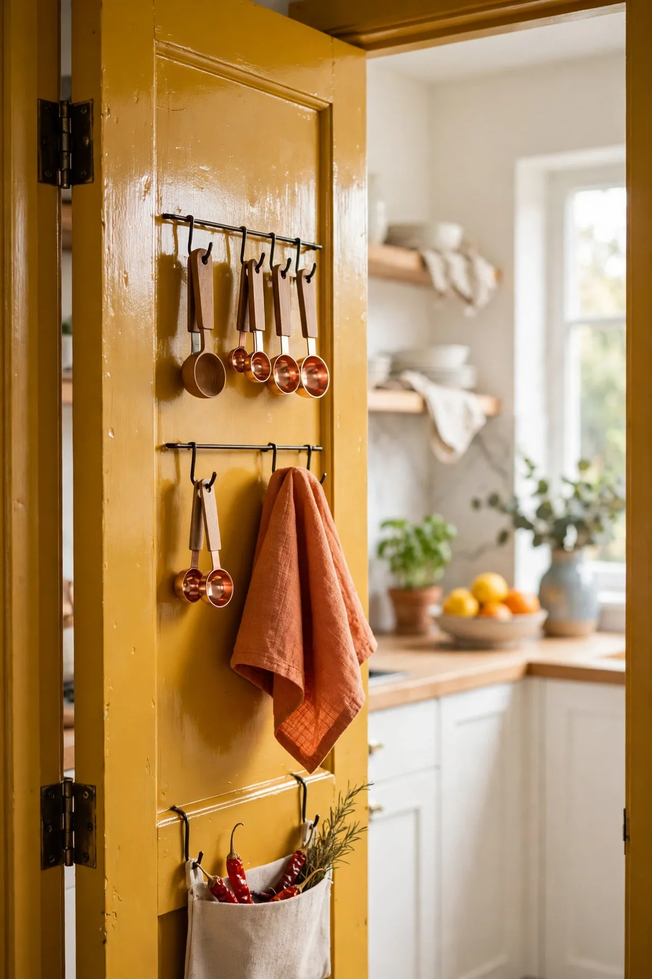 Inside of a kitchen door painted mustard yellow