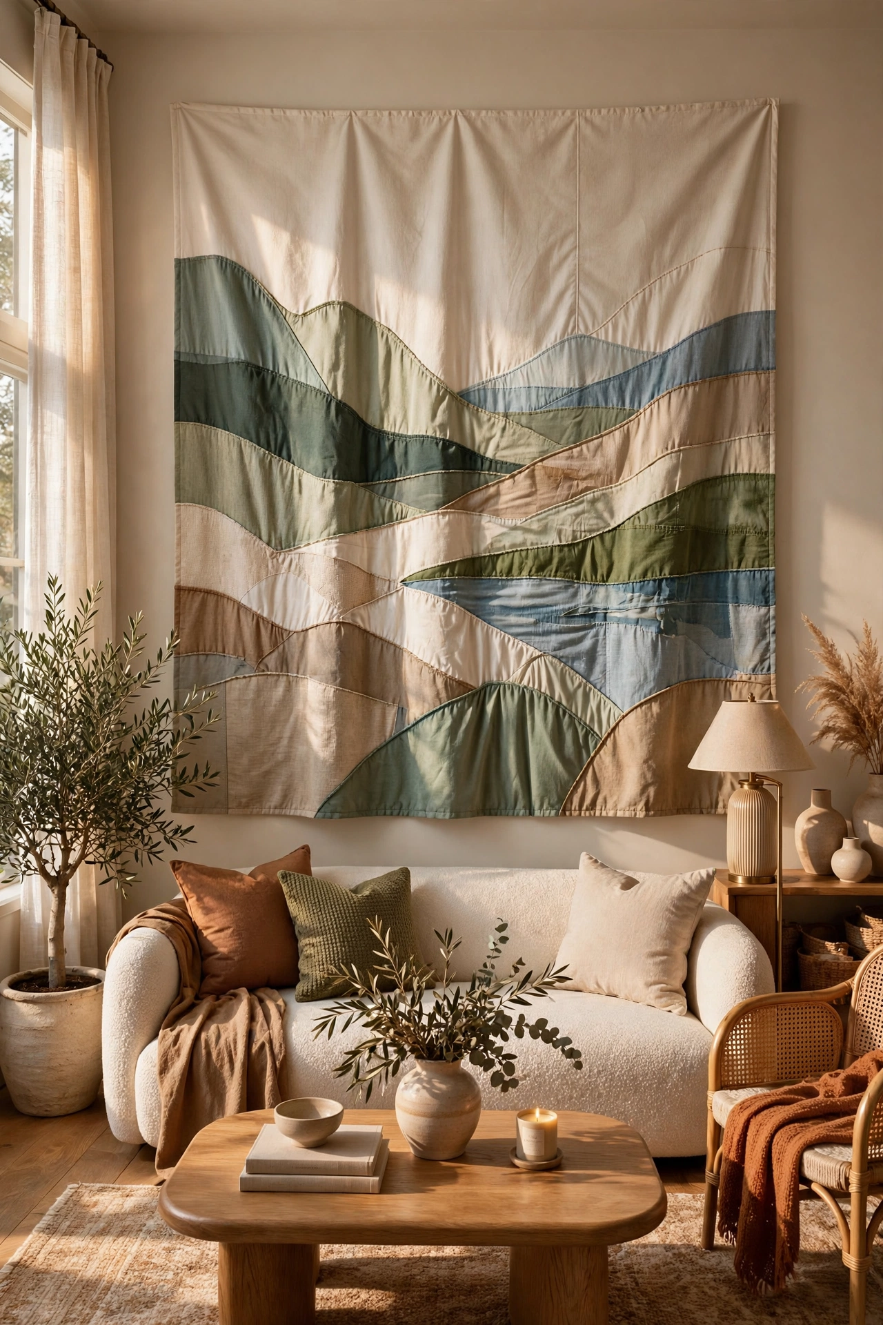 Living room decor under $100: oversized art made from a printed shower curtain above a sofa