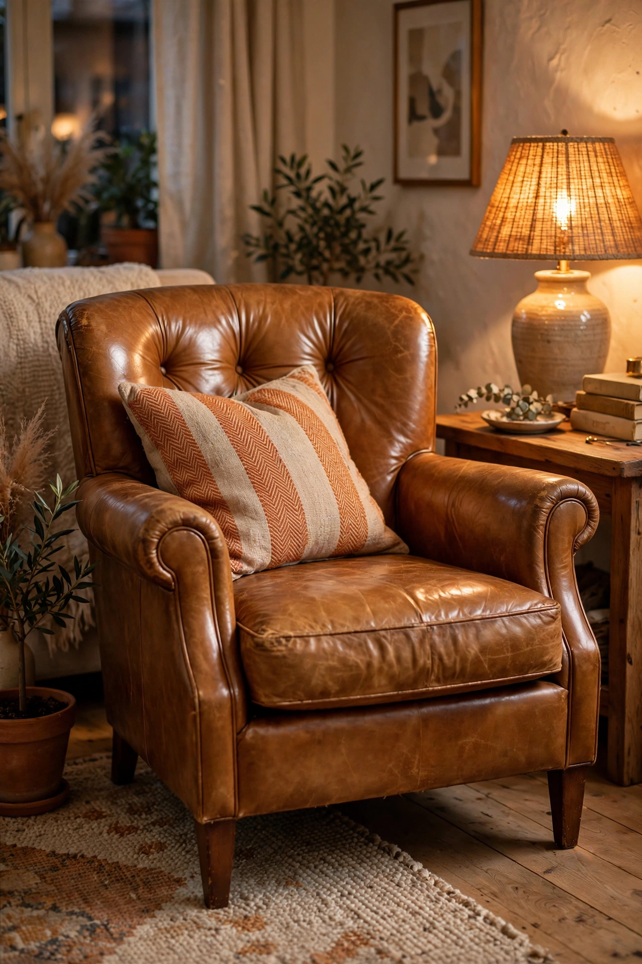 Budget living room decor: thrifted camel leather-look armchair that looks expensive