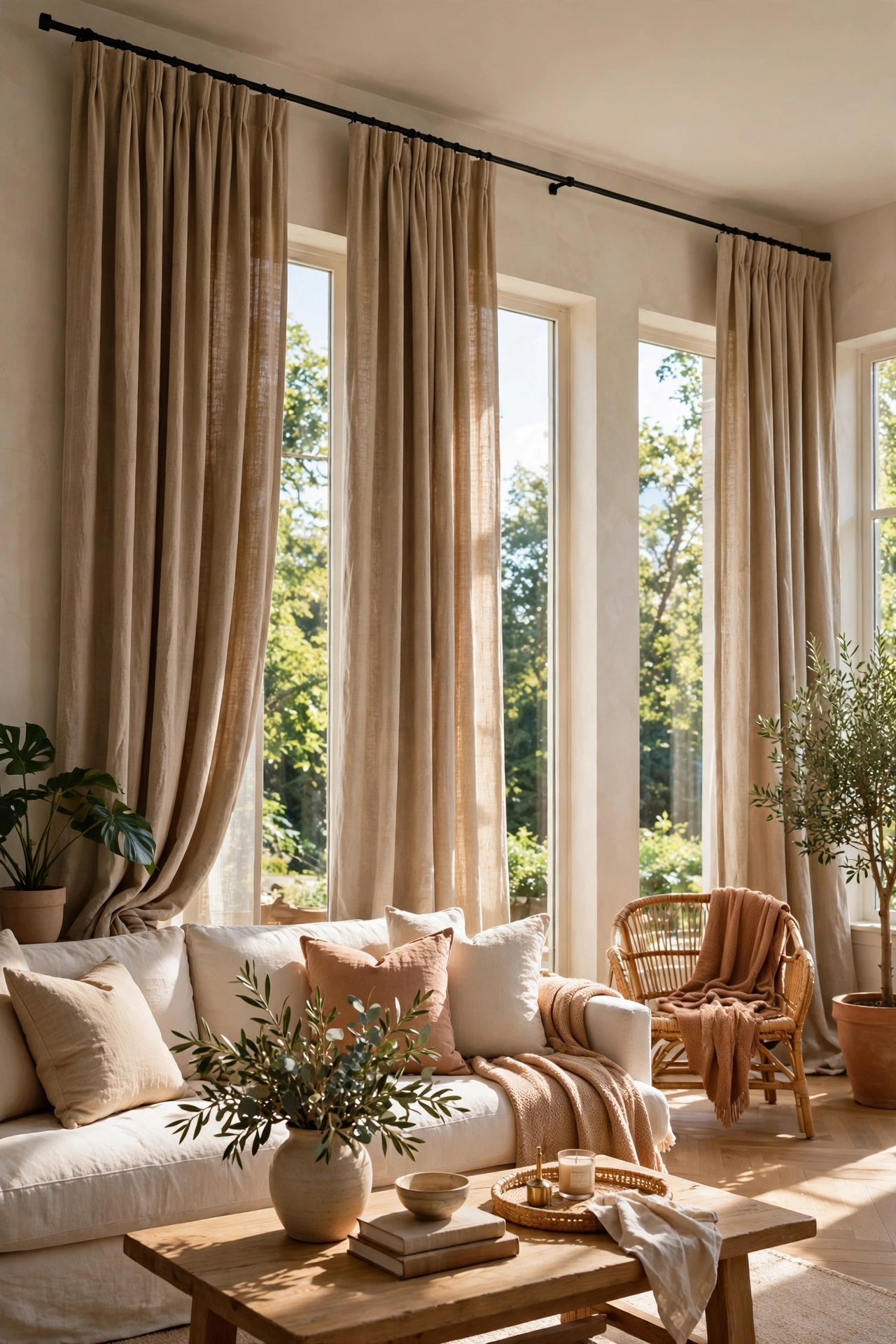 Linen-look curtain panels hung high making a living room look expensive on a budget
