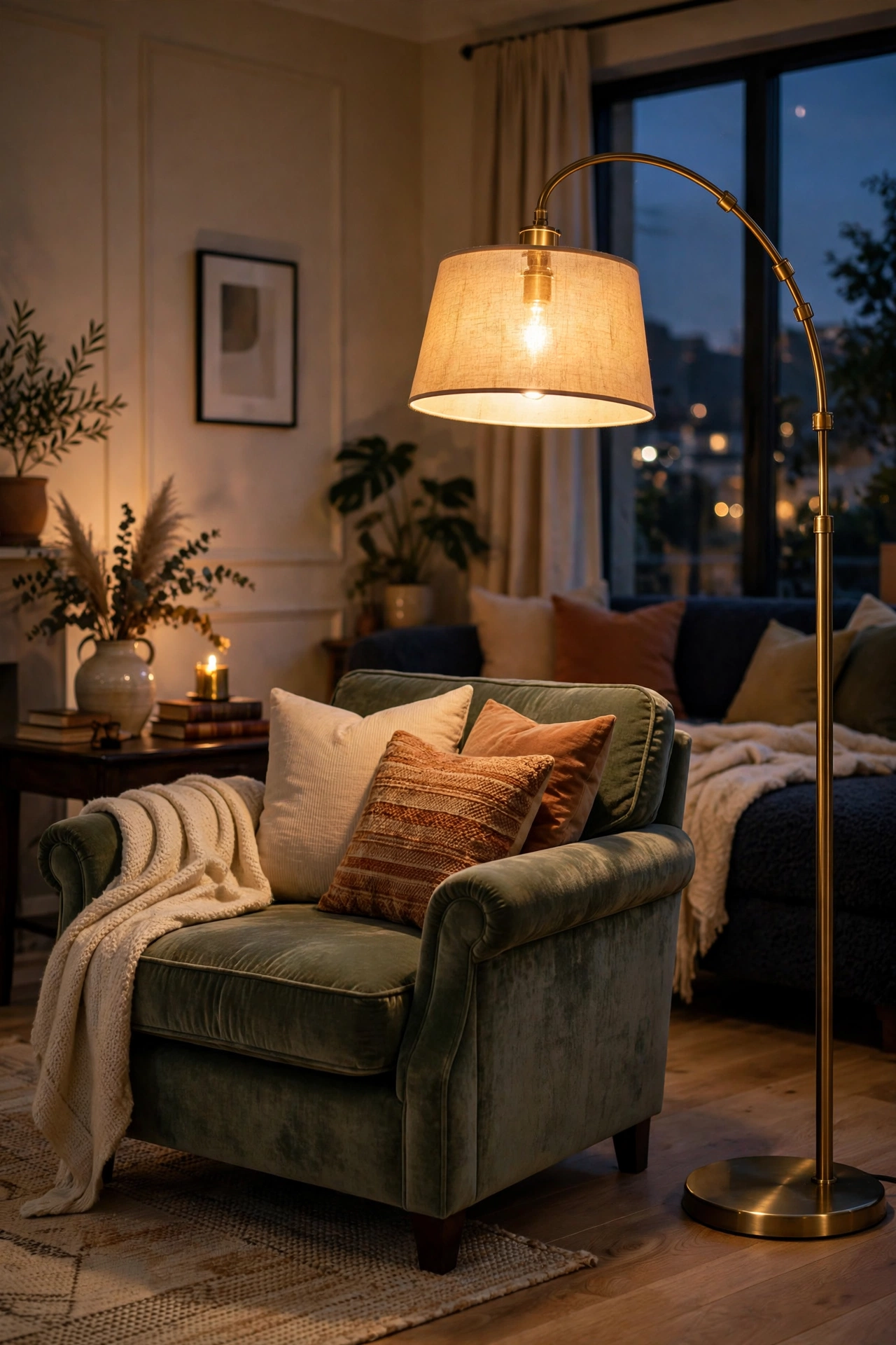 Brass floor lamp adding warm metallic glow to a budget living room