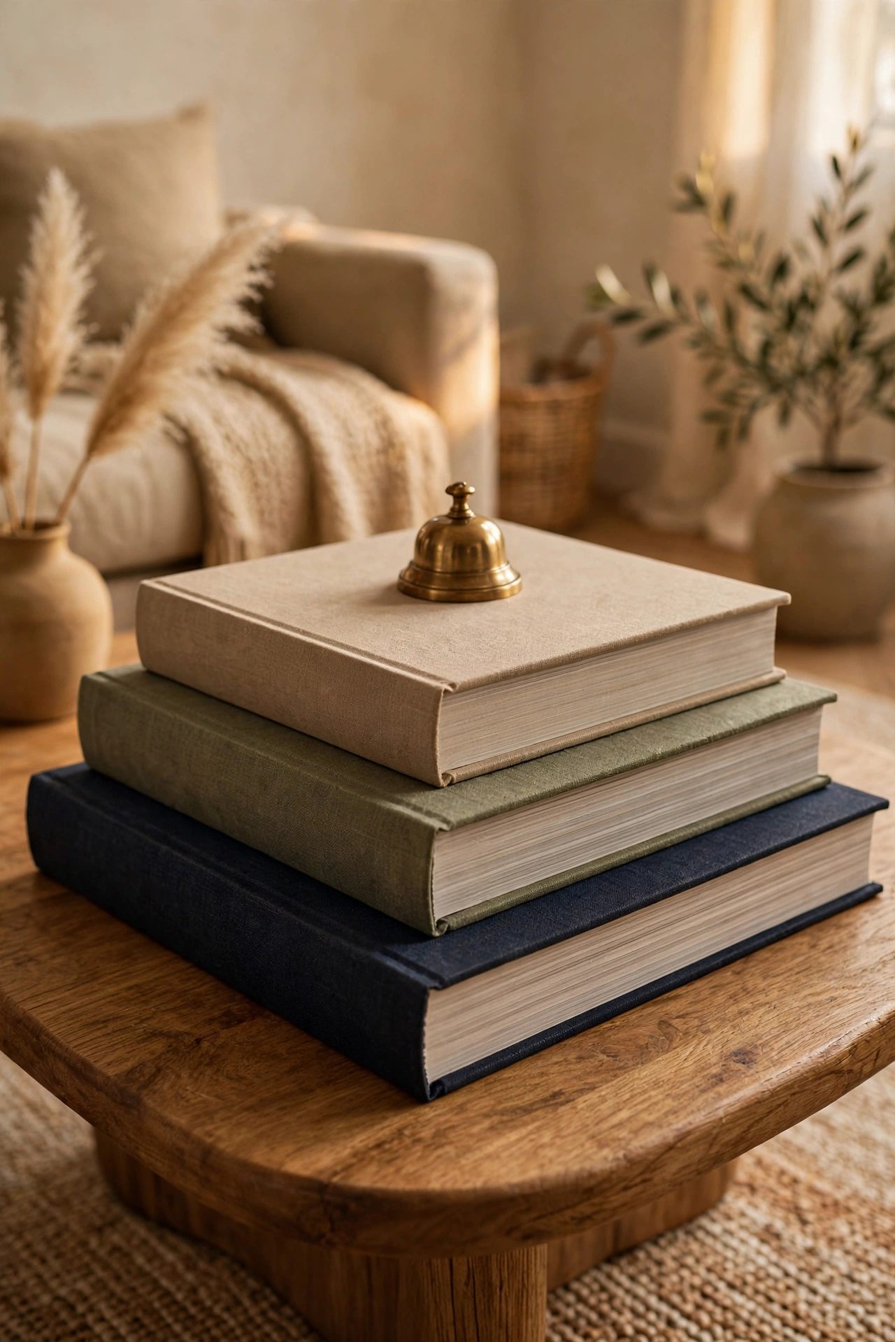 Stack of thrifted coffee table art books styled on a living room coffee table