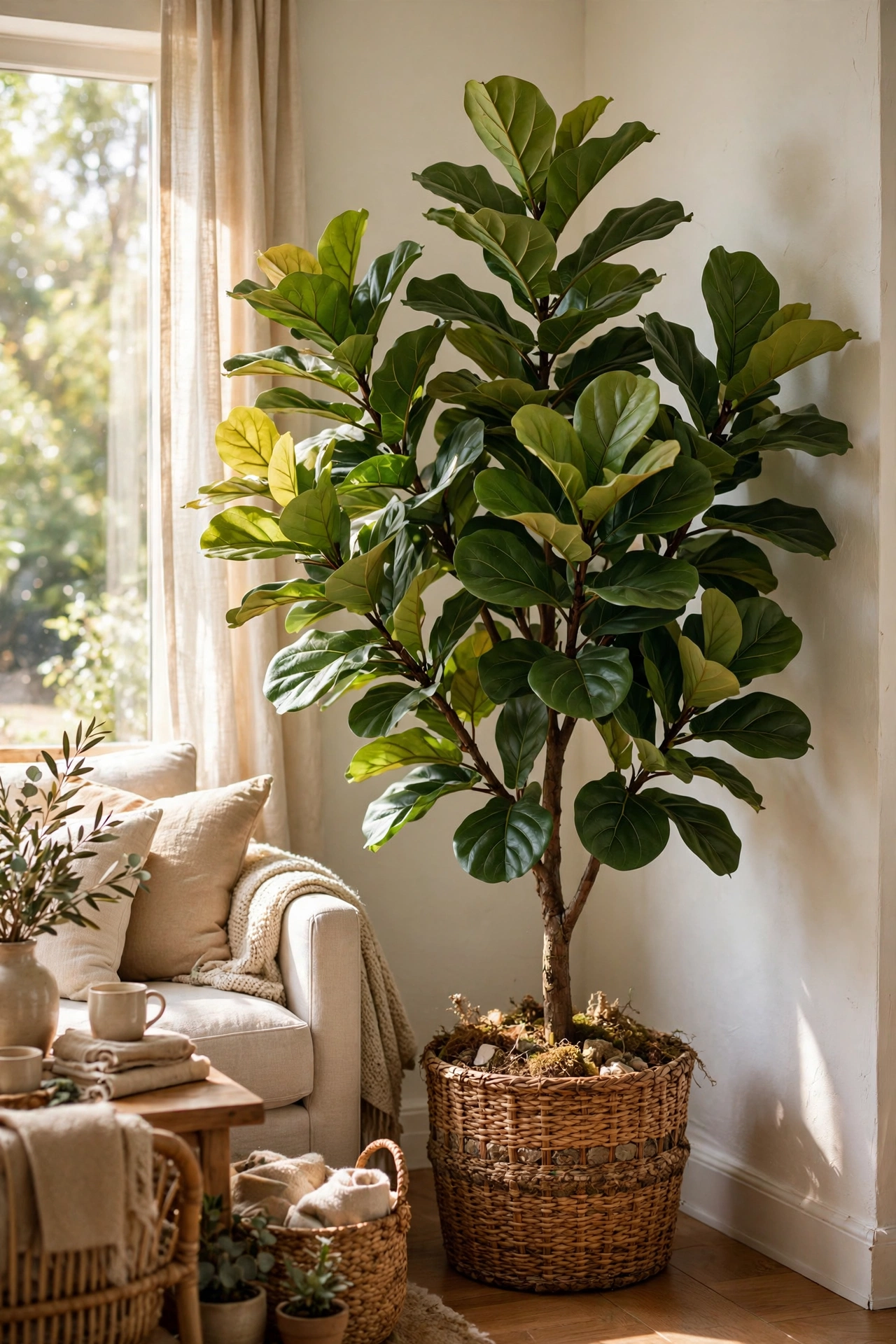 Realistic faux fiddle-leaf fig tree filling a living room corner