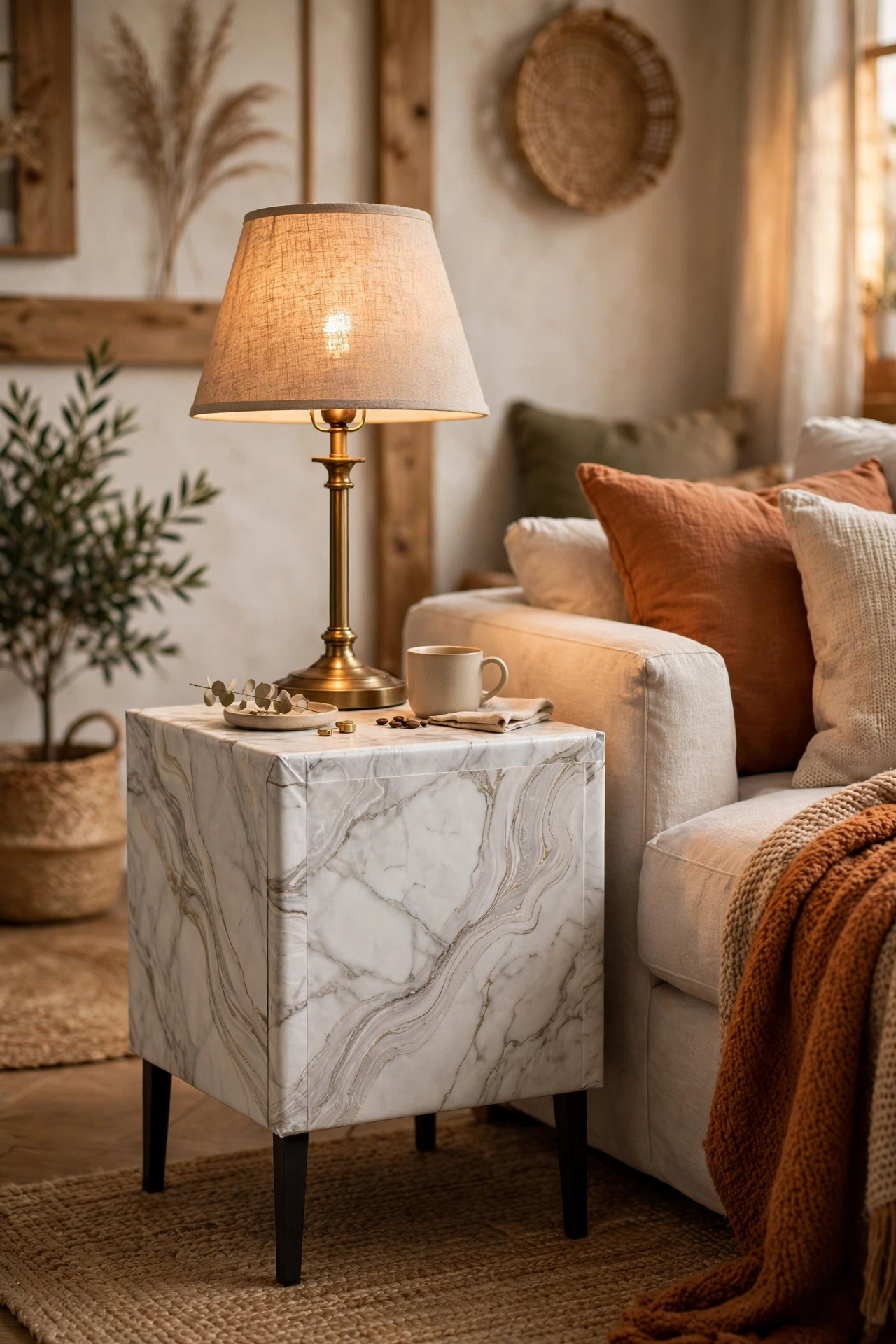Thrifted side table wrapped in marble-look contact paper in a living room