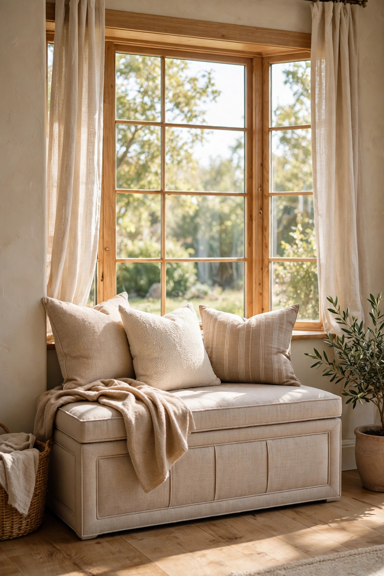 Upholstered storage bench under a living room window holding throw blankets
