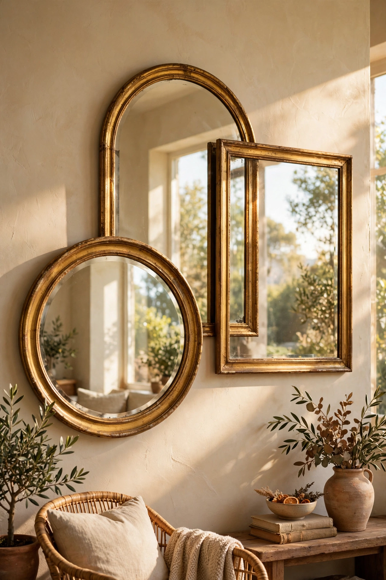 Three mirrors in different shapes layered as a collection on a living room wall