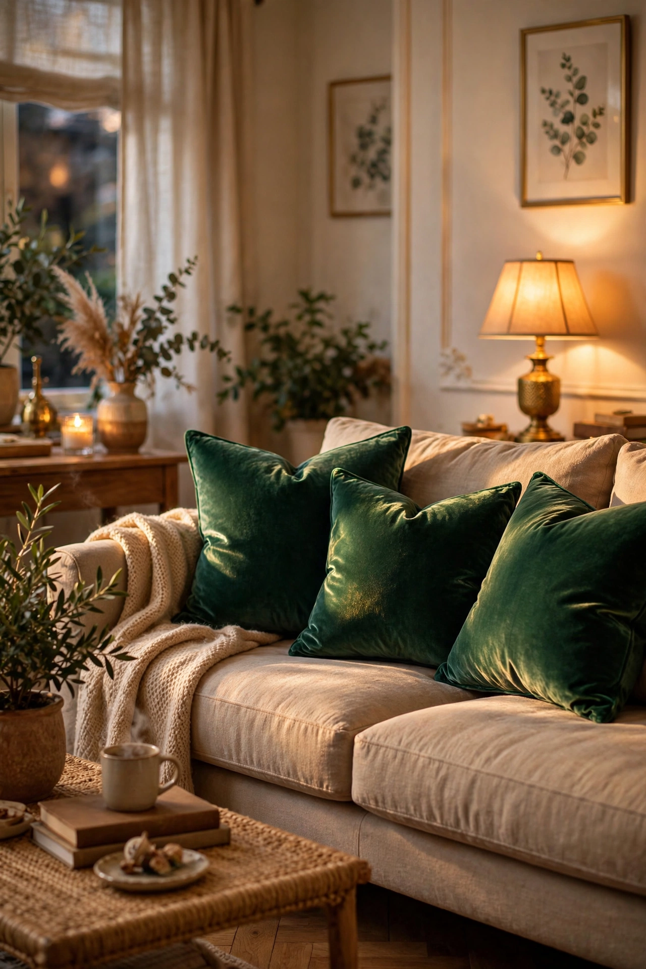 Emerald velvet throw pillows on a sofa making a living room look luxurious