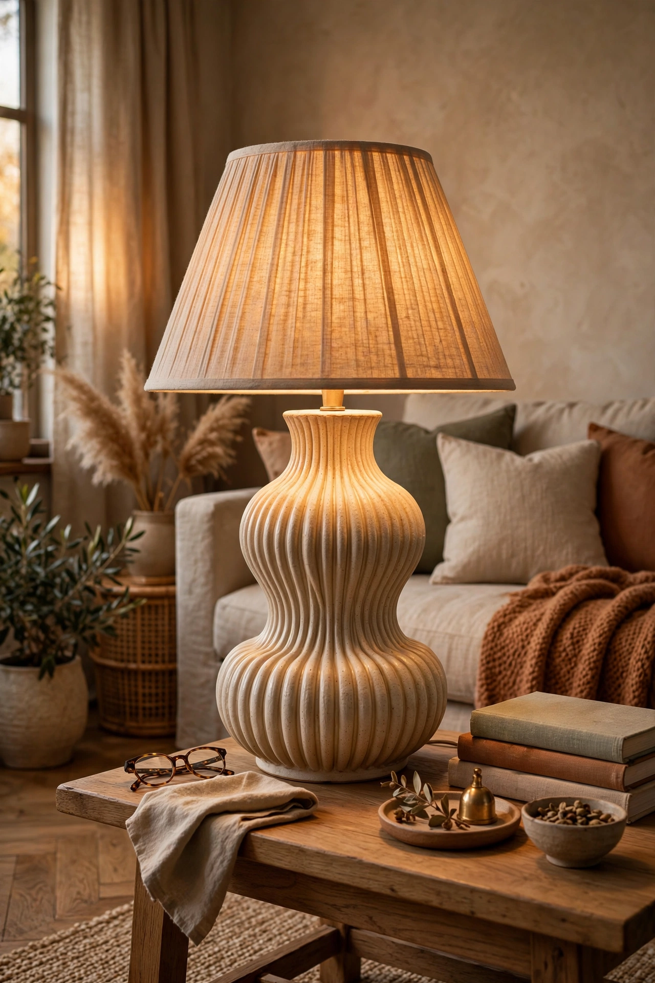 Sculptural ribbed ceramic table lamp on a side table in a stylish living room