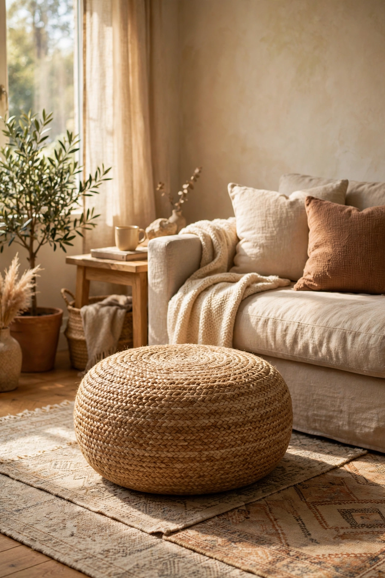 Woven jute pouf used as footrest in a textured living room