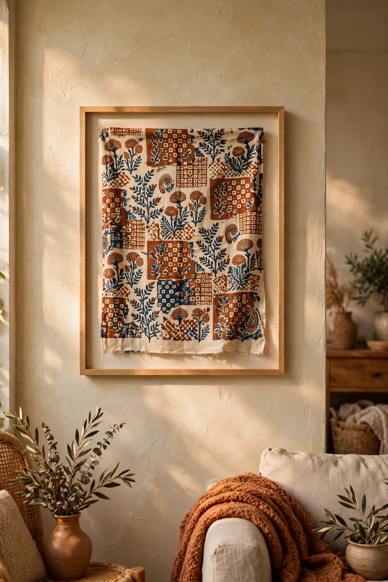 Block-printed scarf framed as textile art in a living room