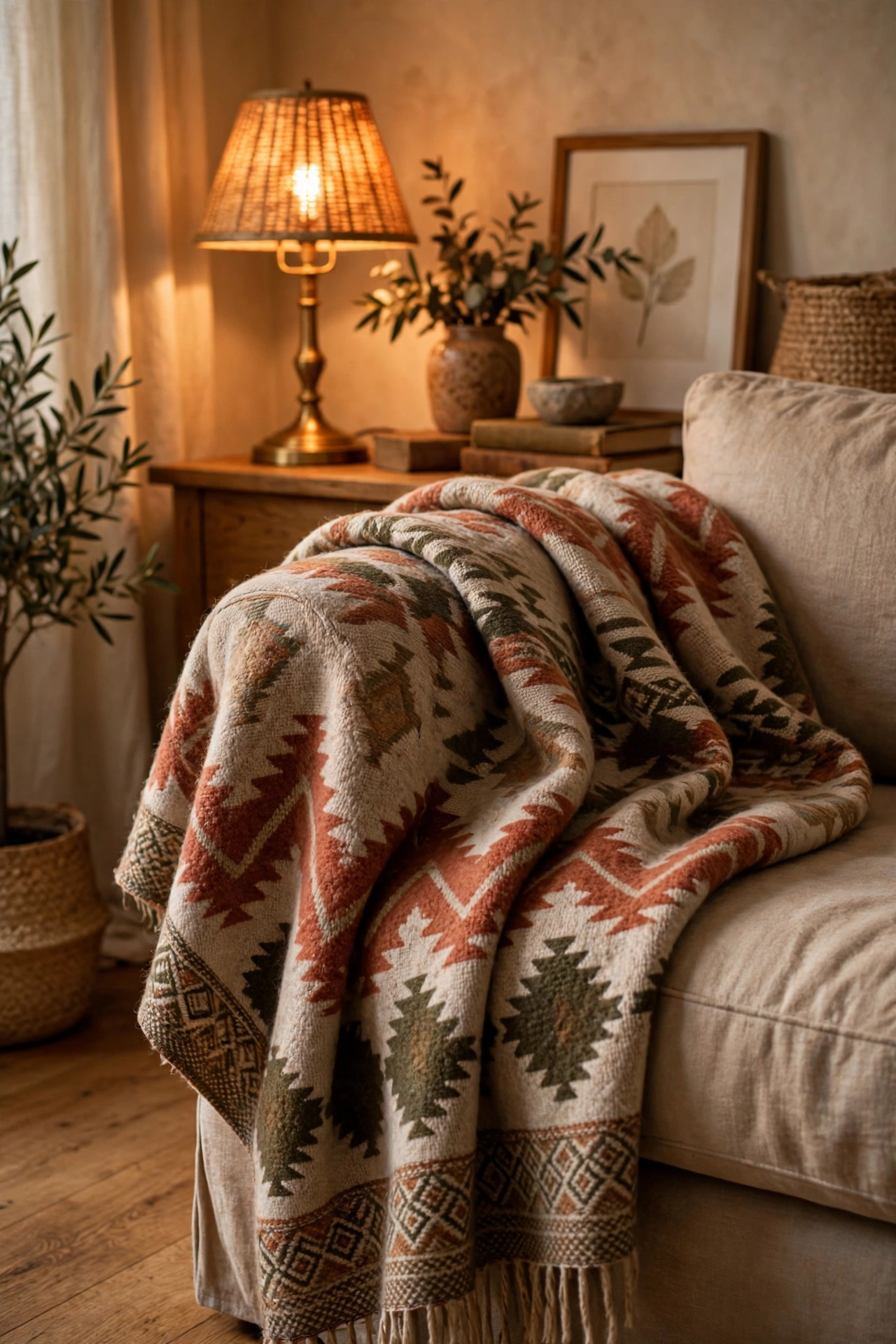 Beautiful Pendleton-style throw blanket draped over a sofa arm in a living room