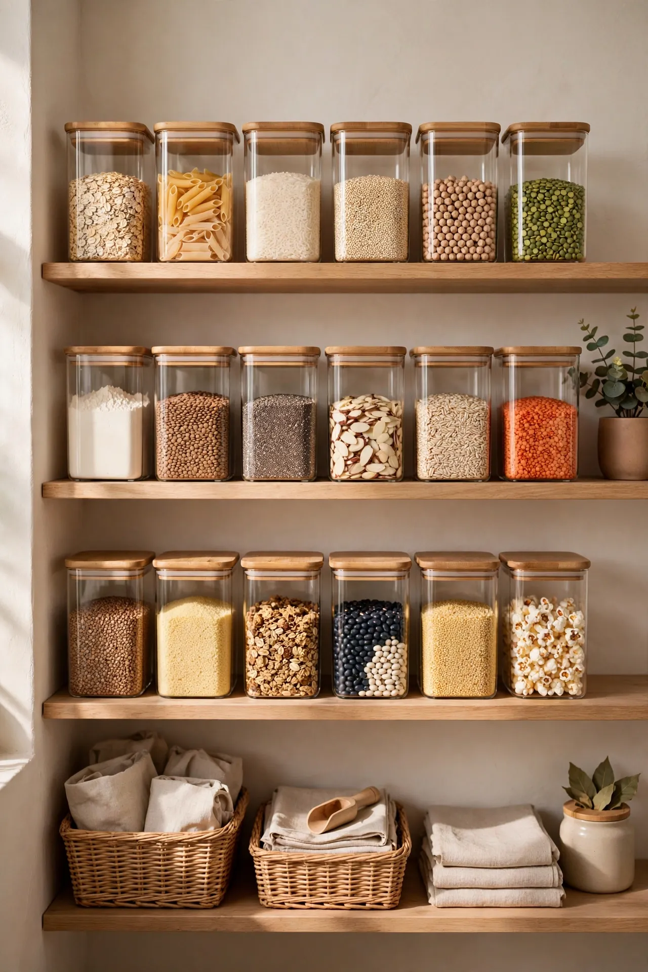 Pantry with matching clear containers of dry goods