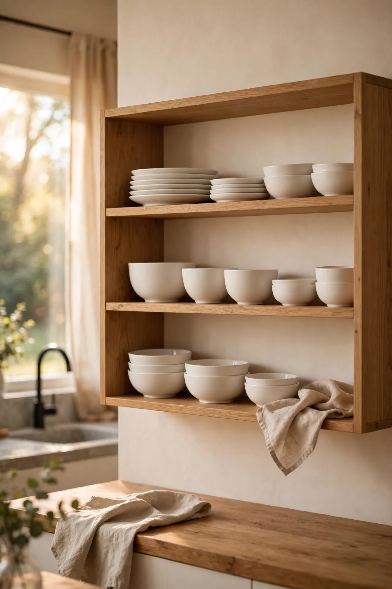 Open shelf with white dishware in a single colour
