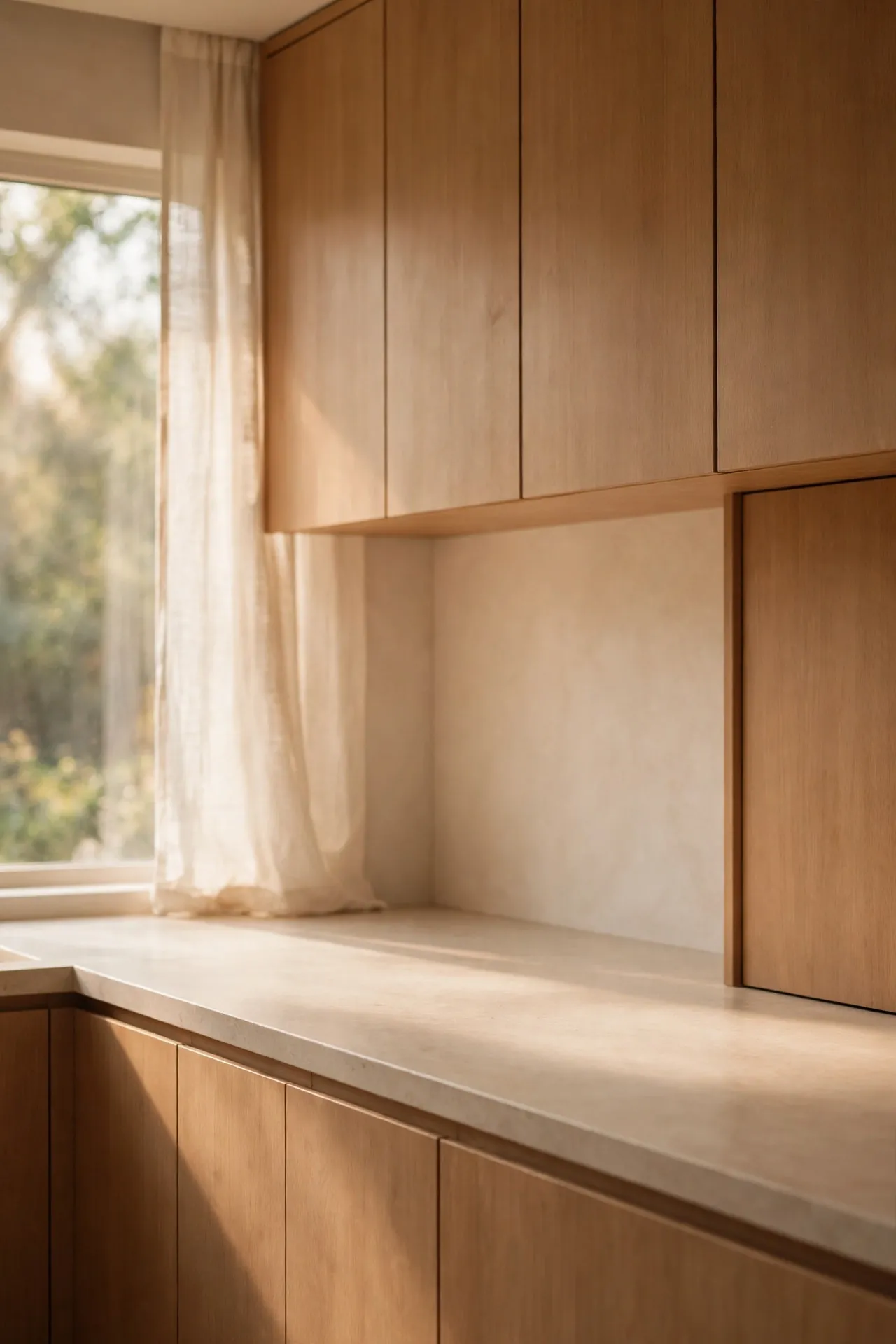 Minimalist kitchen counter with appliances hidden in cupboards