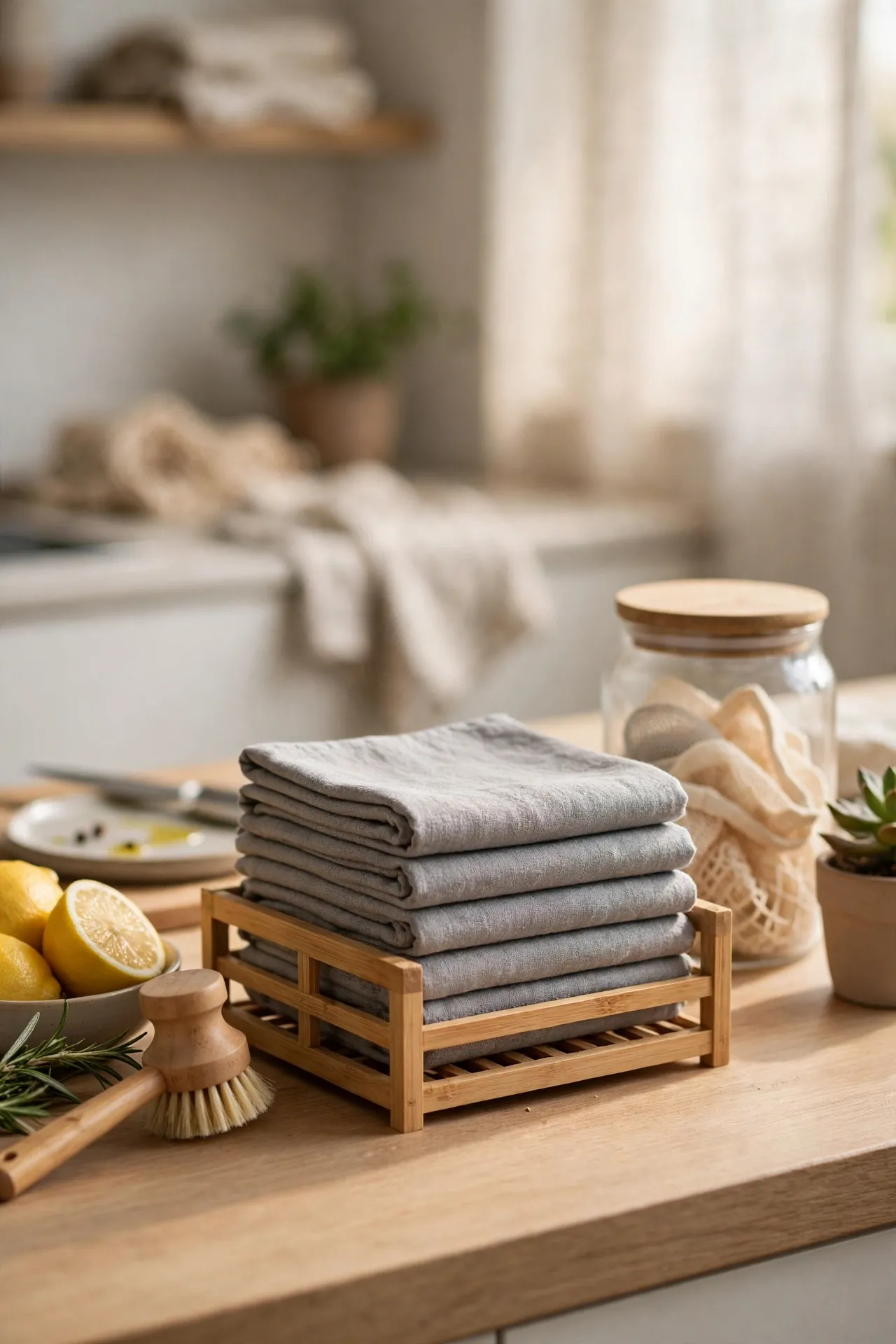 Stack of washable grey cloths replacing paper towels