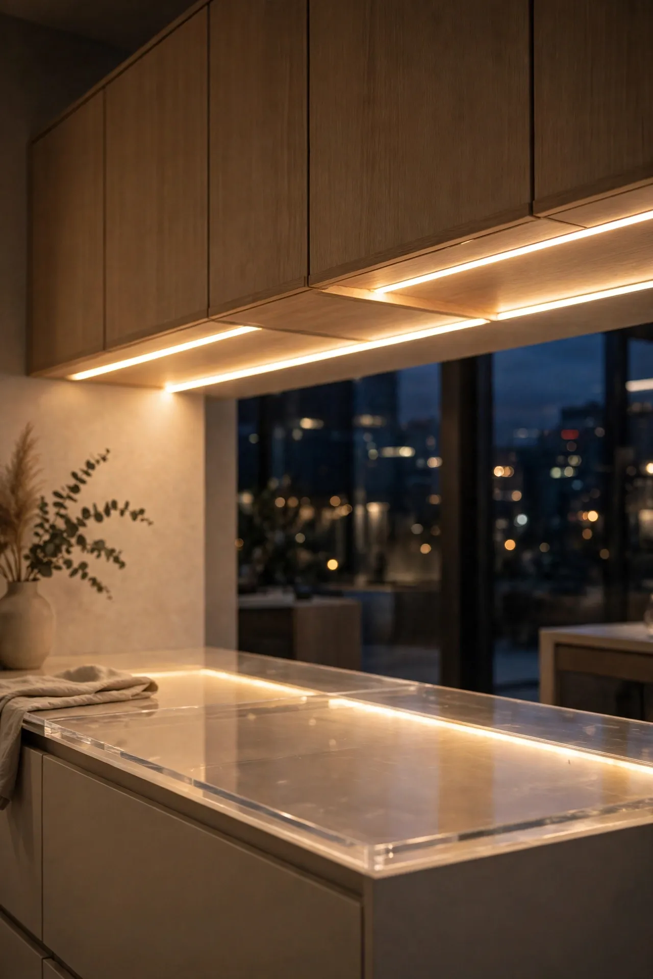 Under-cabinet LED strips glowing warm over a worktop